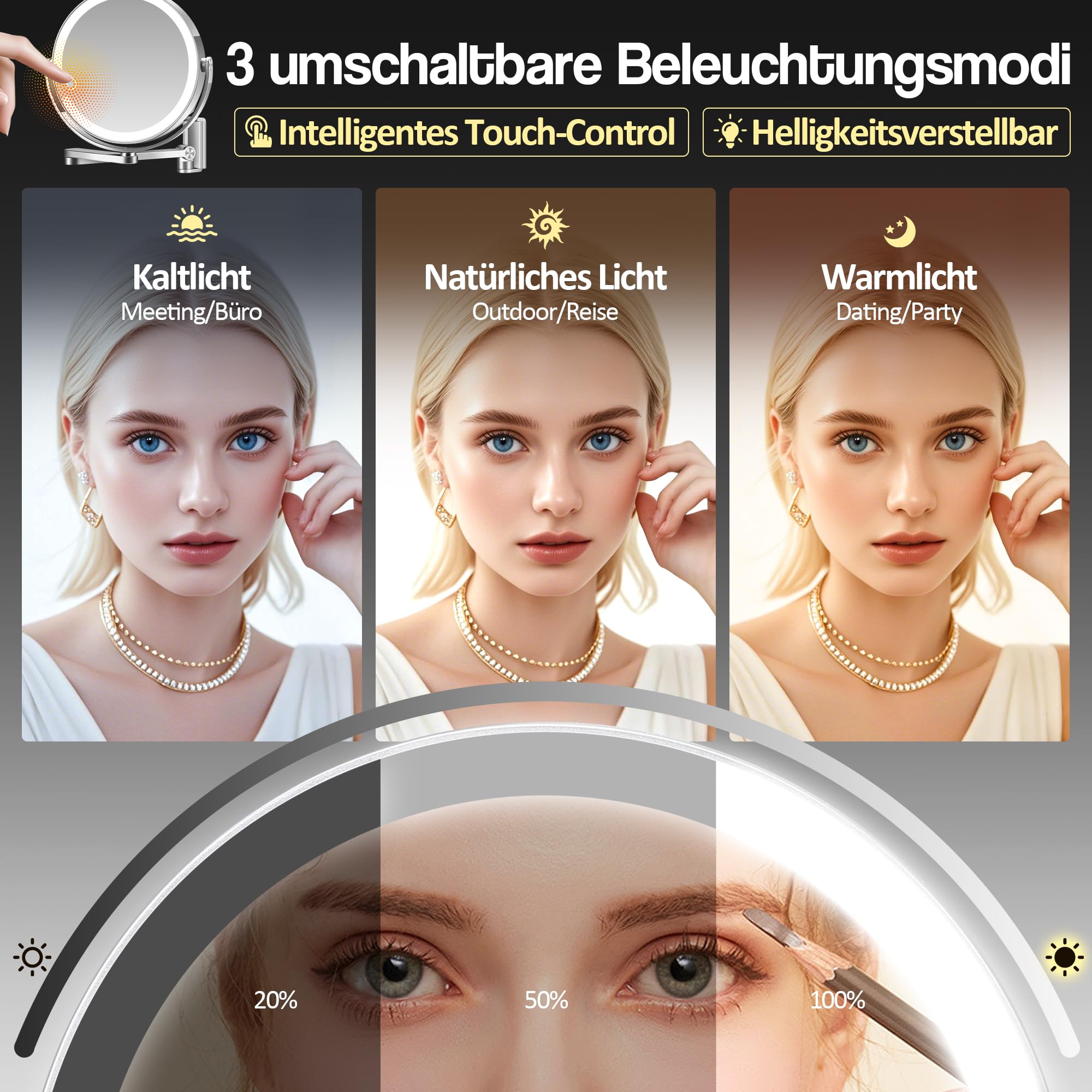 MOMOKUBA Wandmontierter Make-up-Spiegel, Vergrößerungsspiegel mit Licht, 20X/1X doppelseitig, höhenverstellbar, 3 beleuchtete Modi, wandmontierter Spiegel aus Aluminiumlegierung, ideal für Badezimmer