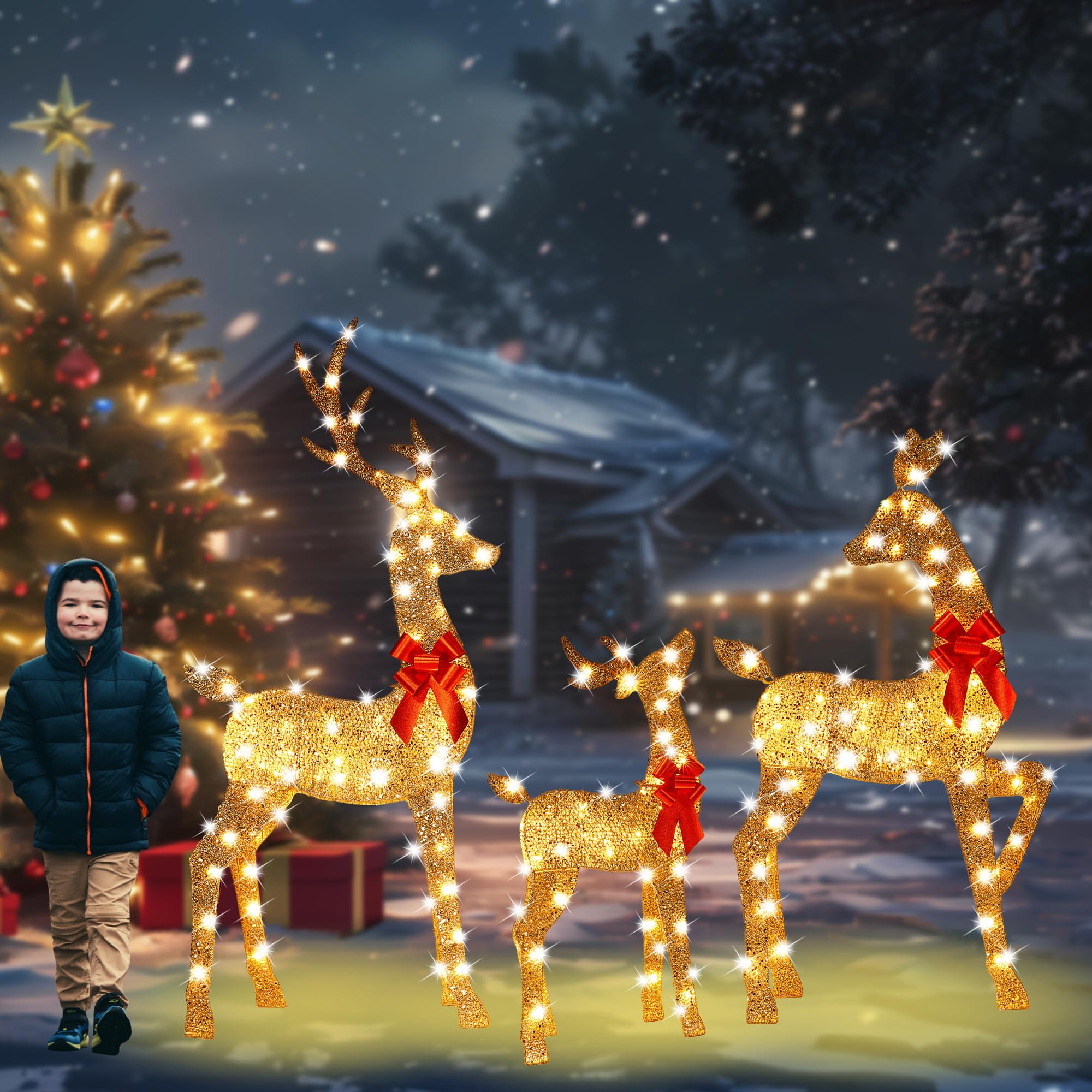 HbSpacstial 63 Inch 2.5D Champagne Large Lighted Christmas Deer Decorations 3-Piece Outdoor Holiday Decorations Reindeer Set with 160 Warm White LEDs, Large Yard Display for Garden, Storefront — image 1