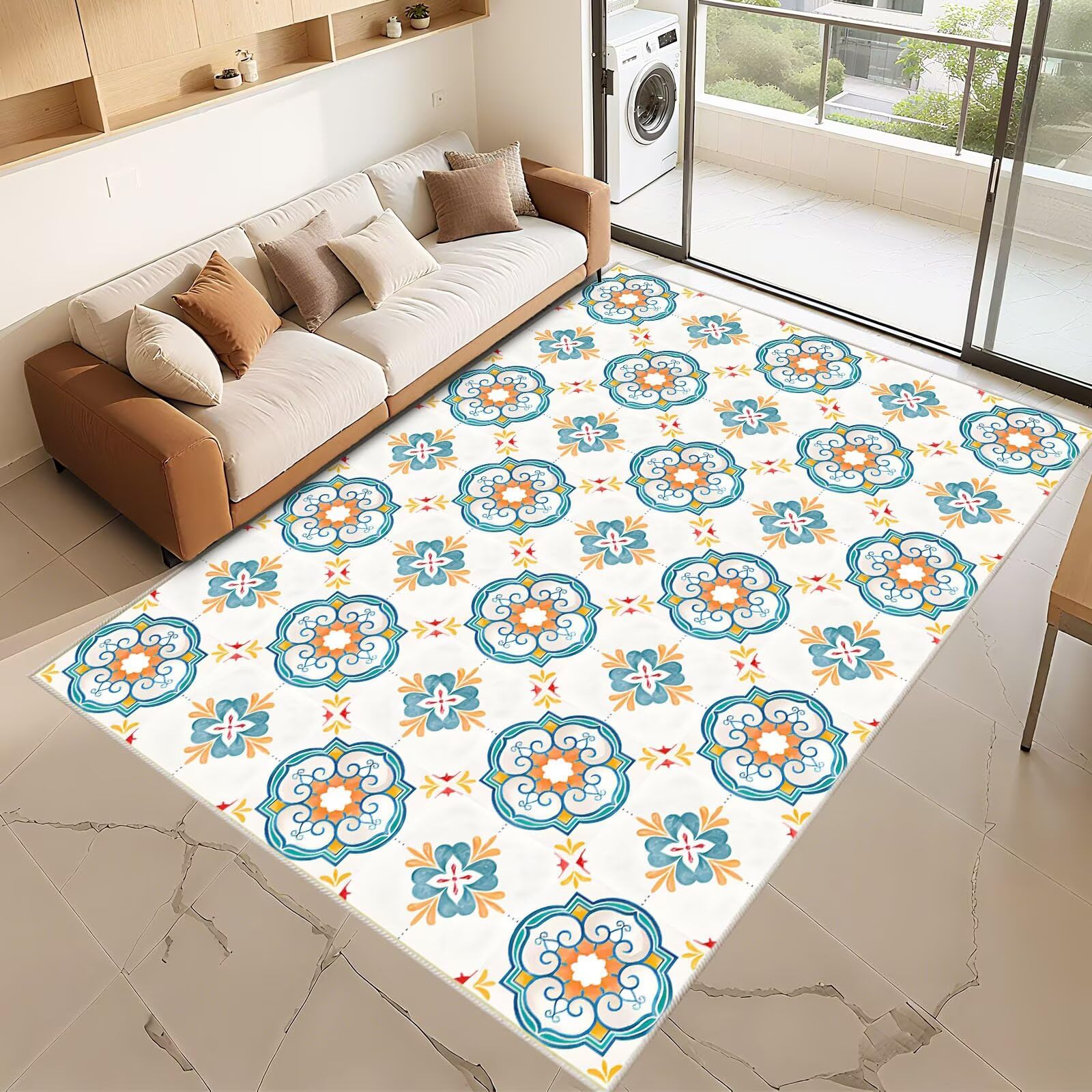 Tapis de chambre adulte lavable bleu gris 80x120 petit motif floral salon moderne