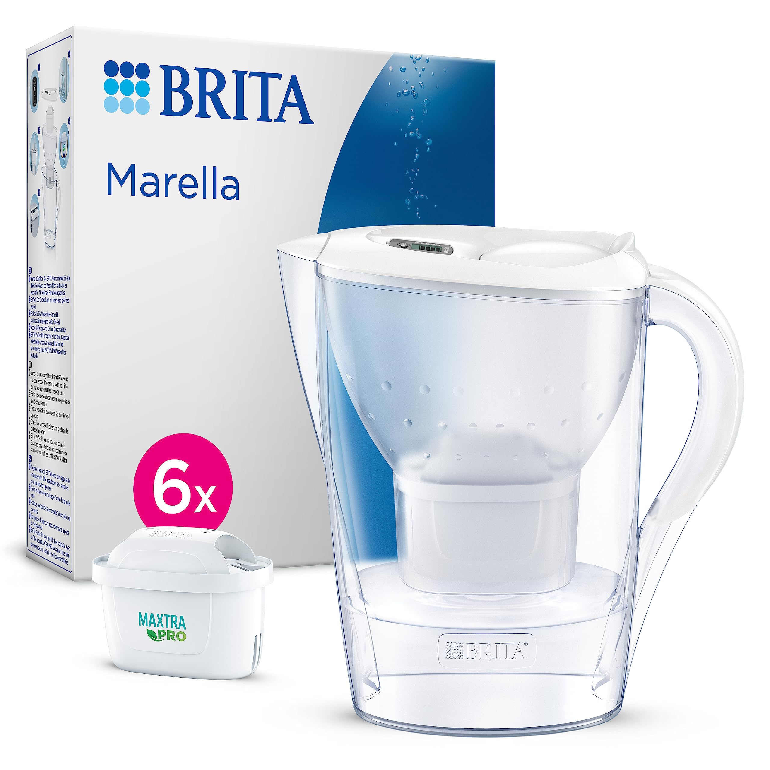 BRITA – dzbanek z filtrem do wody – Marella Cool – biały – 2,4 l + 6 wkładów z filtrem do wody MAXTRA Pro ALL-IN-ONE – dodatkowe opakowanie