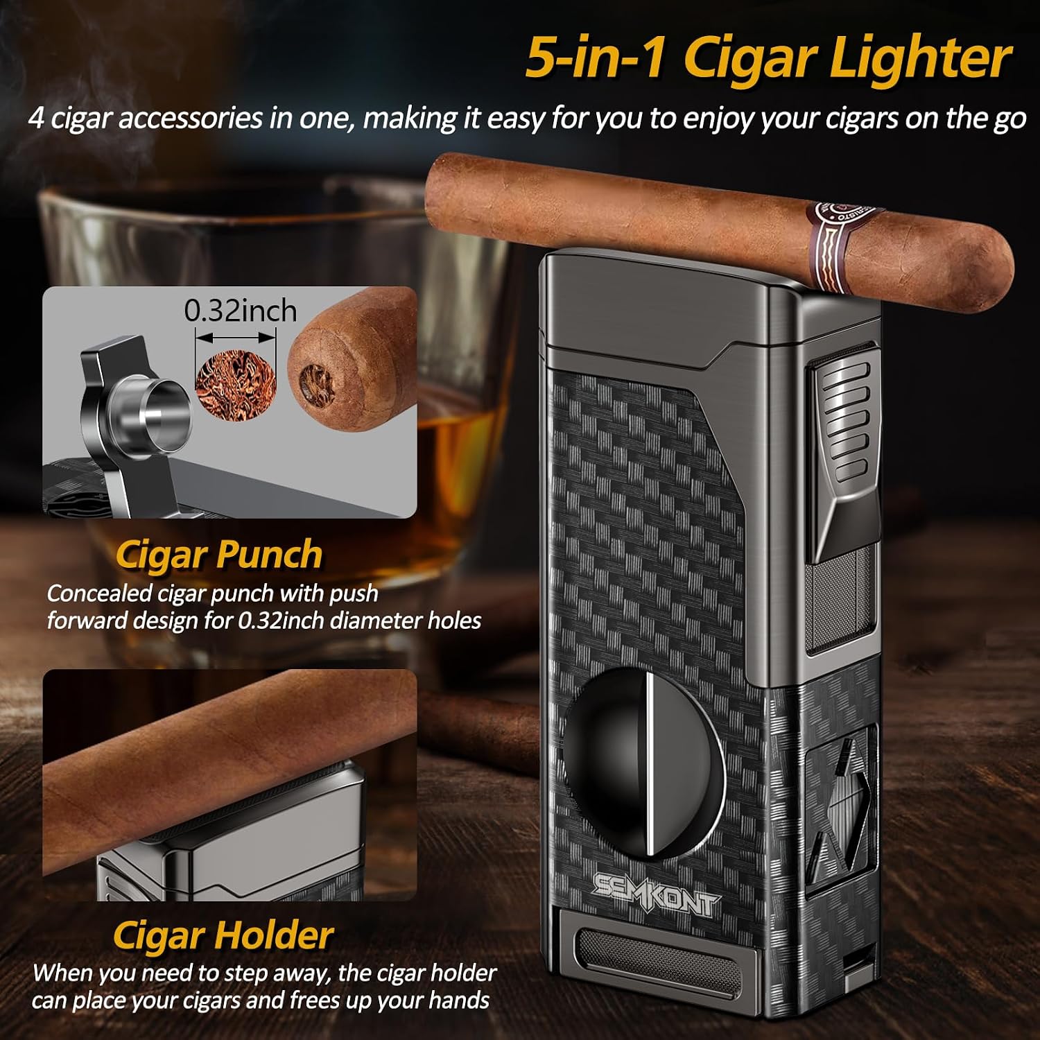 Cigar Lighter,4 Jet Flame Refillable Butane with V Cut Cigar Cutter,Cigar Punch,Cigar Holder and Cigar Draw Enhancer,5 in 1 Multifunctional Windproof Lighter-No Butane(Carbon Fiber)