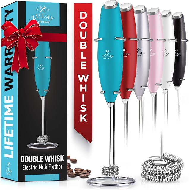 Zulay Double Whisk Milk Frother Handheld Mixer - High Powered Frother for Coffee with Improved Motor - Electric Whisk Drink Mixer for Cappuccino, Frappe, Matcha & More, Twin Whisk - Teal