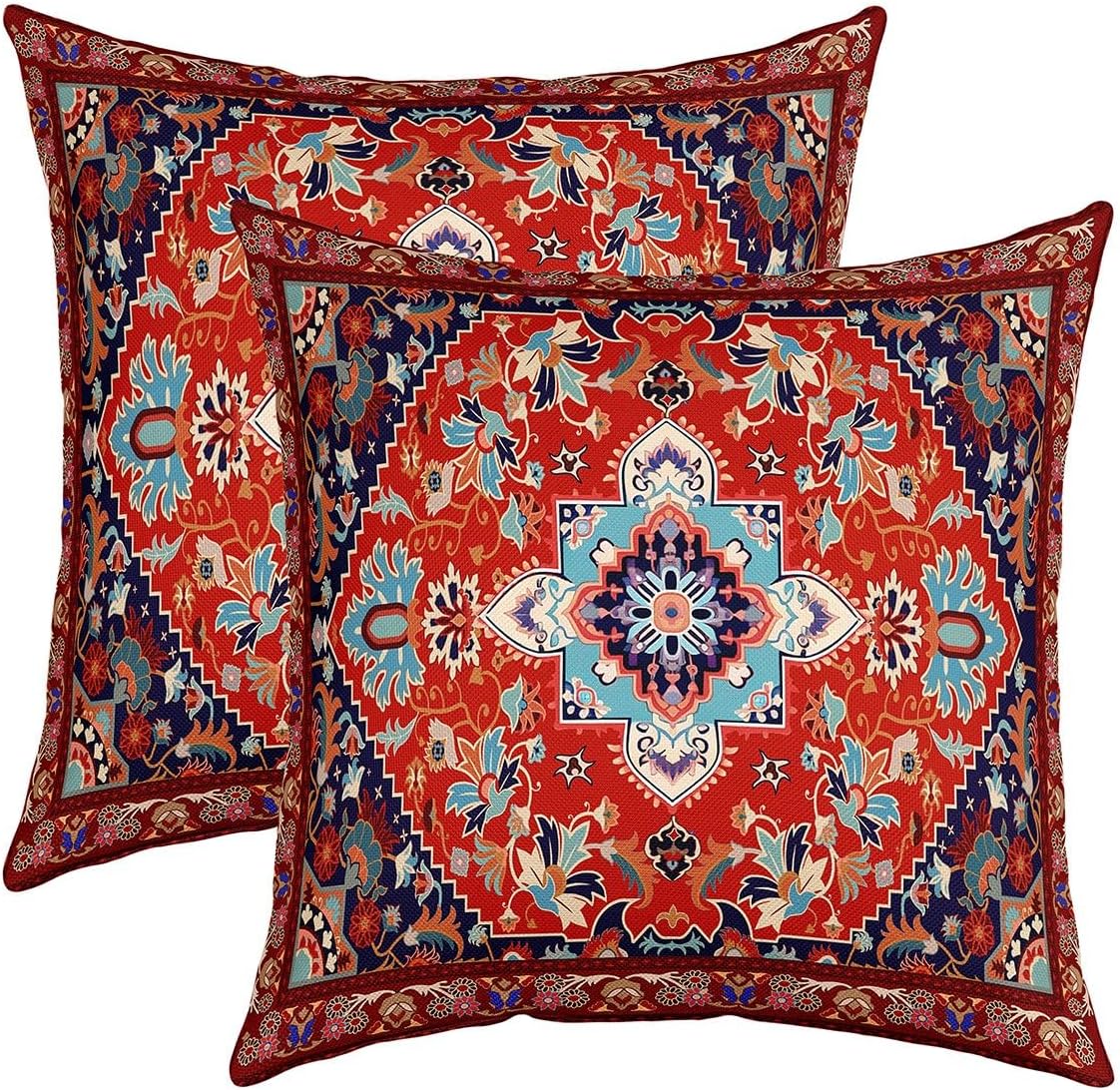 Set of 2 Geometric Boho Throw Pillow Covers 24x24 Bohemian Exotic Pillow Covers Red Green Lattice Tribal Cushion Covers Retro Indian Floral Vintage Flower Decorative Pillow Covers