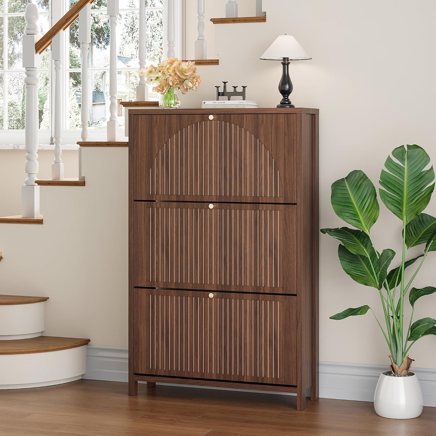 Pipleo Modern Fluted Shoe Storage Cabinet for Entryway with 3 Flip Drawers, Narrow Wood Shoe Cabinet with Arch-carved Door & Adjustable Shelf, Freestanding Hidden Shoes Organizer Rack Cabinets, Walnut