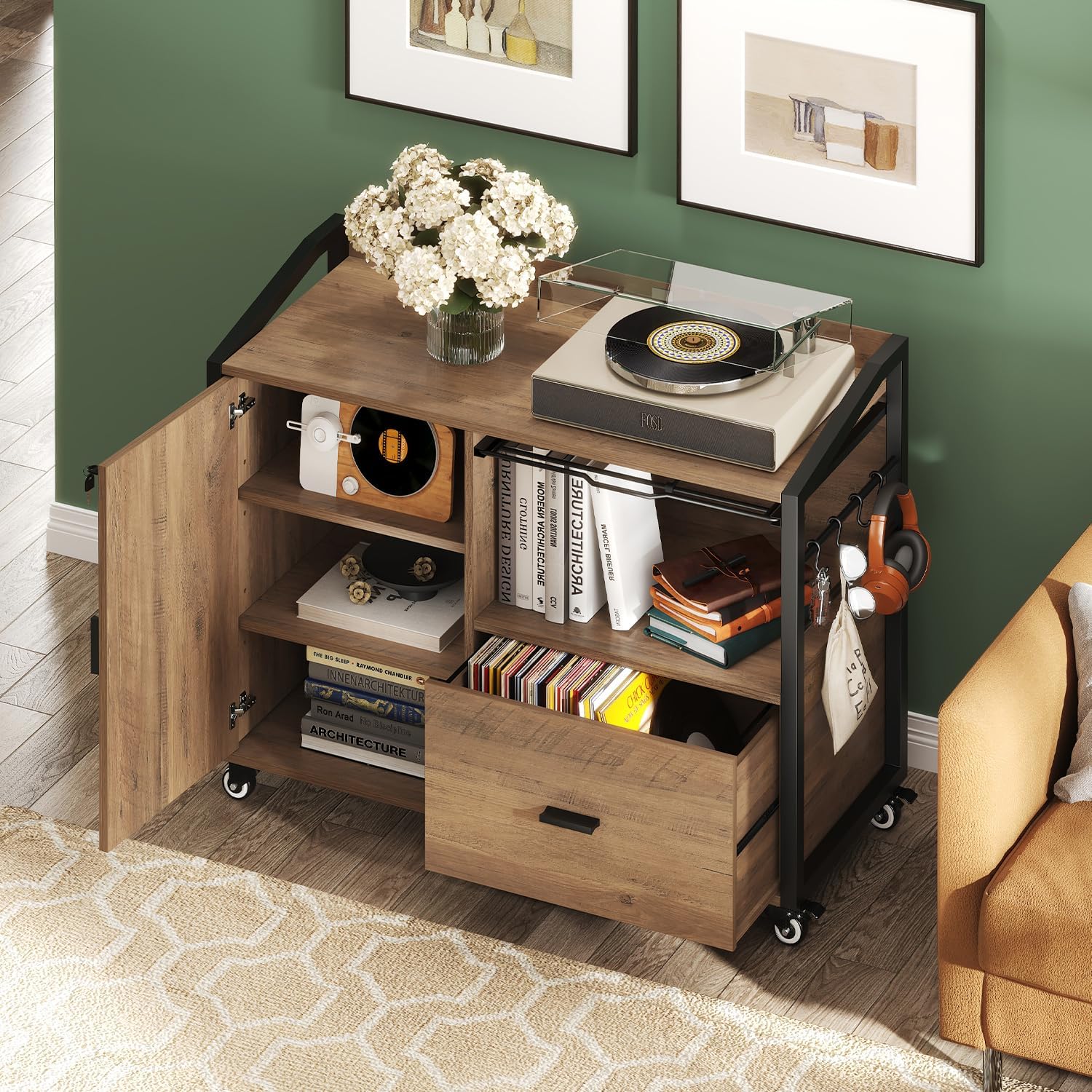 HSH Rolling File Cabinet with Lock, Mobile Lateral Filling Cabinet on Wheels, Wood Metal Printer Stand with Storage Drawer Shelf, Modern File Cabinets Fits F4 Legal for Home Office, Rustic Oak, 33Inch