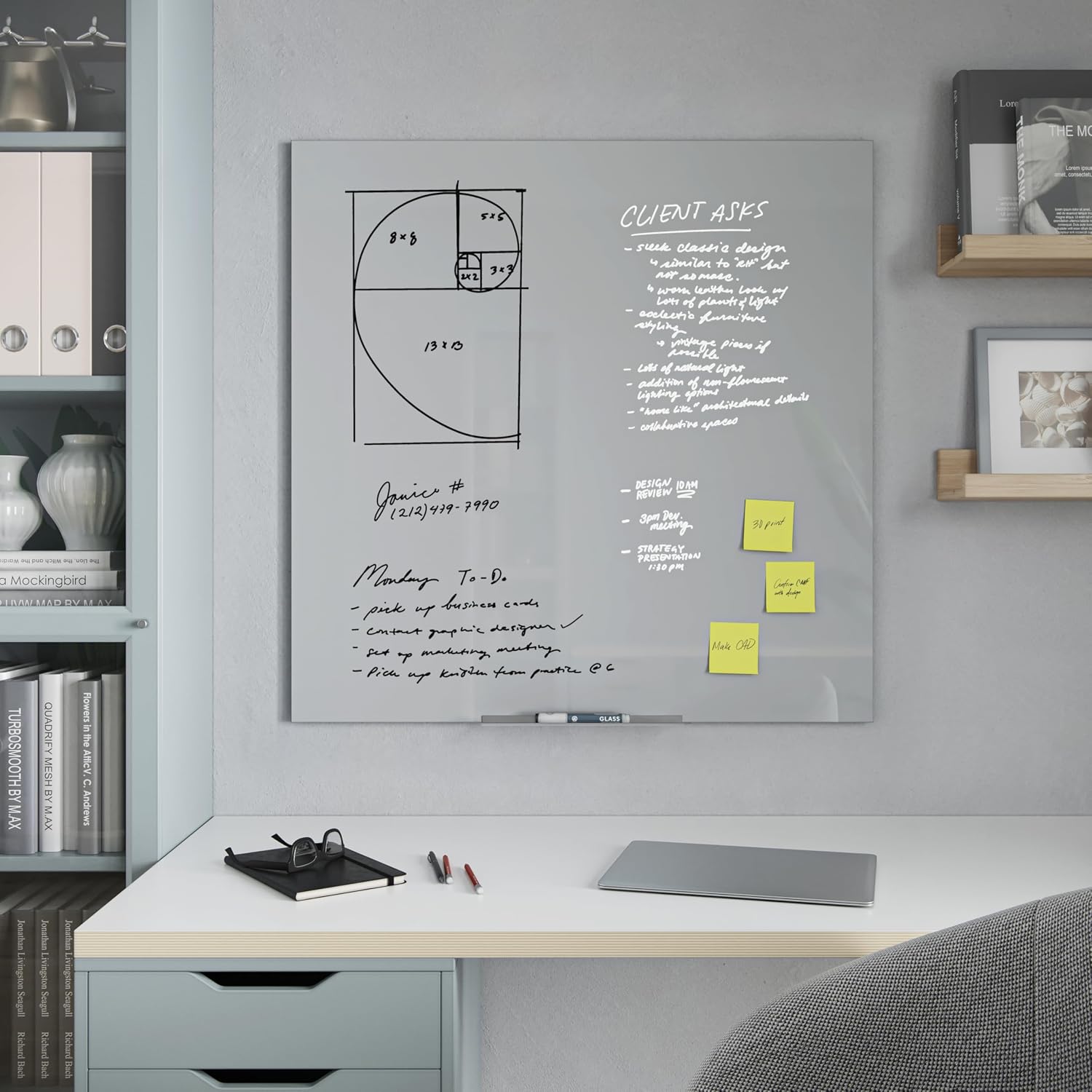 U Brands Floating Non-Magnetic Glass Dry-Erase Board, 36" X 36", Gray Surface, Frameless, Includes 18" Tray and Liquid Chalk Marker (2907U00-01)