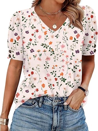 Womens Short Sleeve Shirt Summer Tunic Tops Print Tees V Neck Buttons Pullover Loose Fit Blouses Casual Outfits
