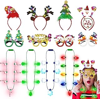12 PCS Light Up Christmas Party Favors, Christmas Necklace Headband Glasses Set, Bulb Candy Cane Snowflake Tree Necklace LED Headwear Flashing Eyeglasses for Xmas Gifts Bulk Holiday Party Supplies