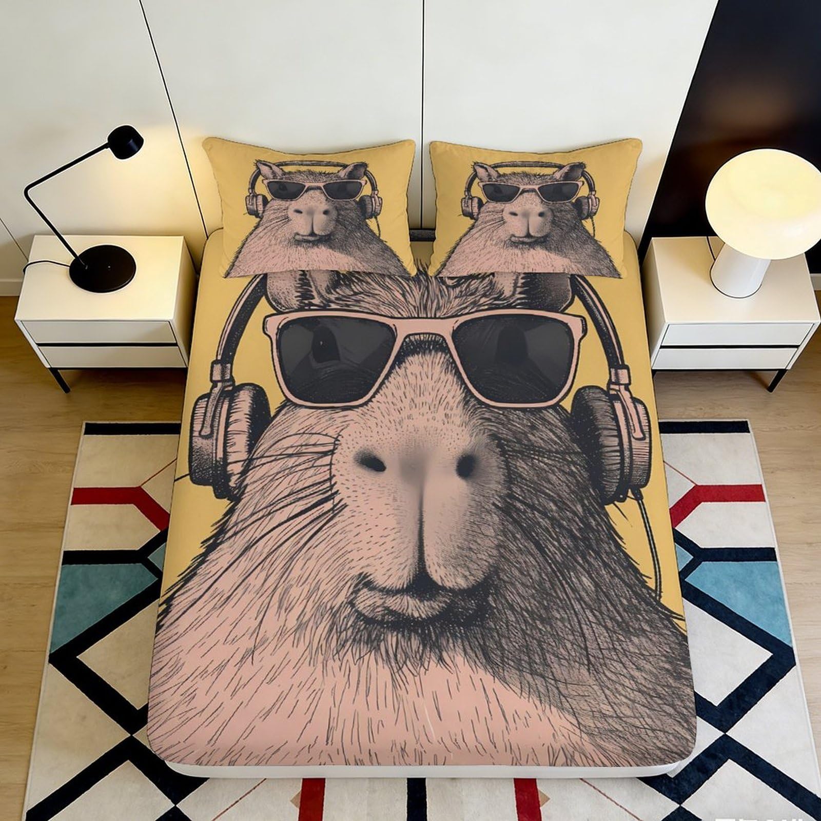 3D Printed Capybara Headphones Fitted Sheet Microfiber Non Slip Bed Cover for Bedroom Dorm Mattress Protection 120x200x25cm