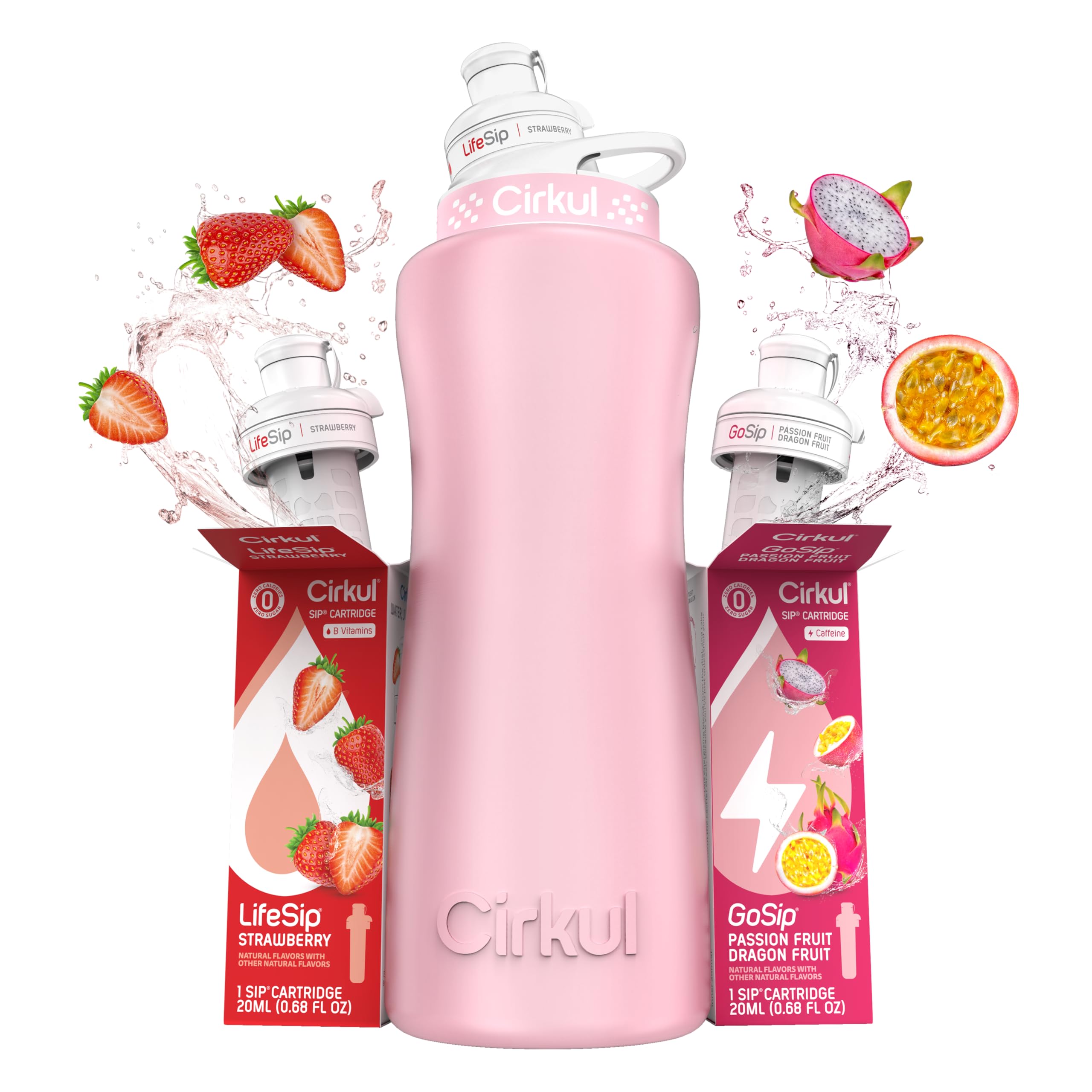Cirkul 32oz. Blush Pink Stainless Steel Water Bottle Starter Kit with Pink Lid and 2 Flavor Cartridges (1 LifeSip Strawberry, 1 GoSip Passion Fruit Dragon Fruit) No Sugar, Zero Calorie Drink Mix