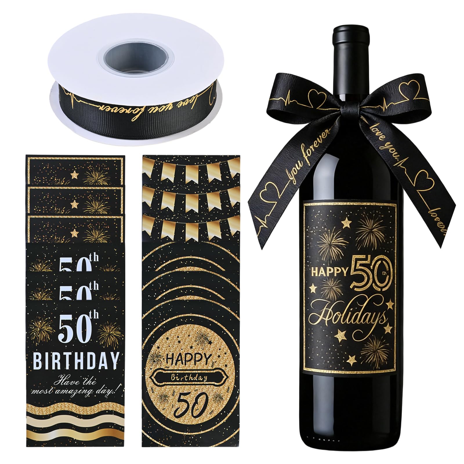 Etiqueta Para Botella de 50 Cumpleaños, Etiquetas únicas Para Botellas de Vino (12 Pegatinas), Contiene Cinta de Oro Negro, Decoraciones Para La Fiesta de Cumpleaños Número 50