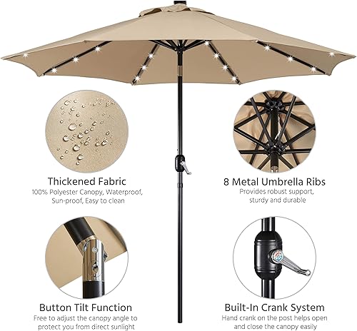 Miniatura 3 de Yaheetech Sombrilla de patio con energía solar de 9 pies, sombrilla de mesa de mercado con protección UV con 32 luces LED y sistema de elevación de