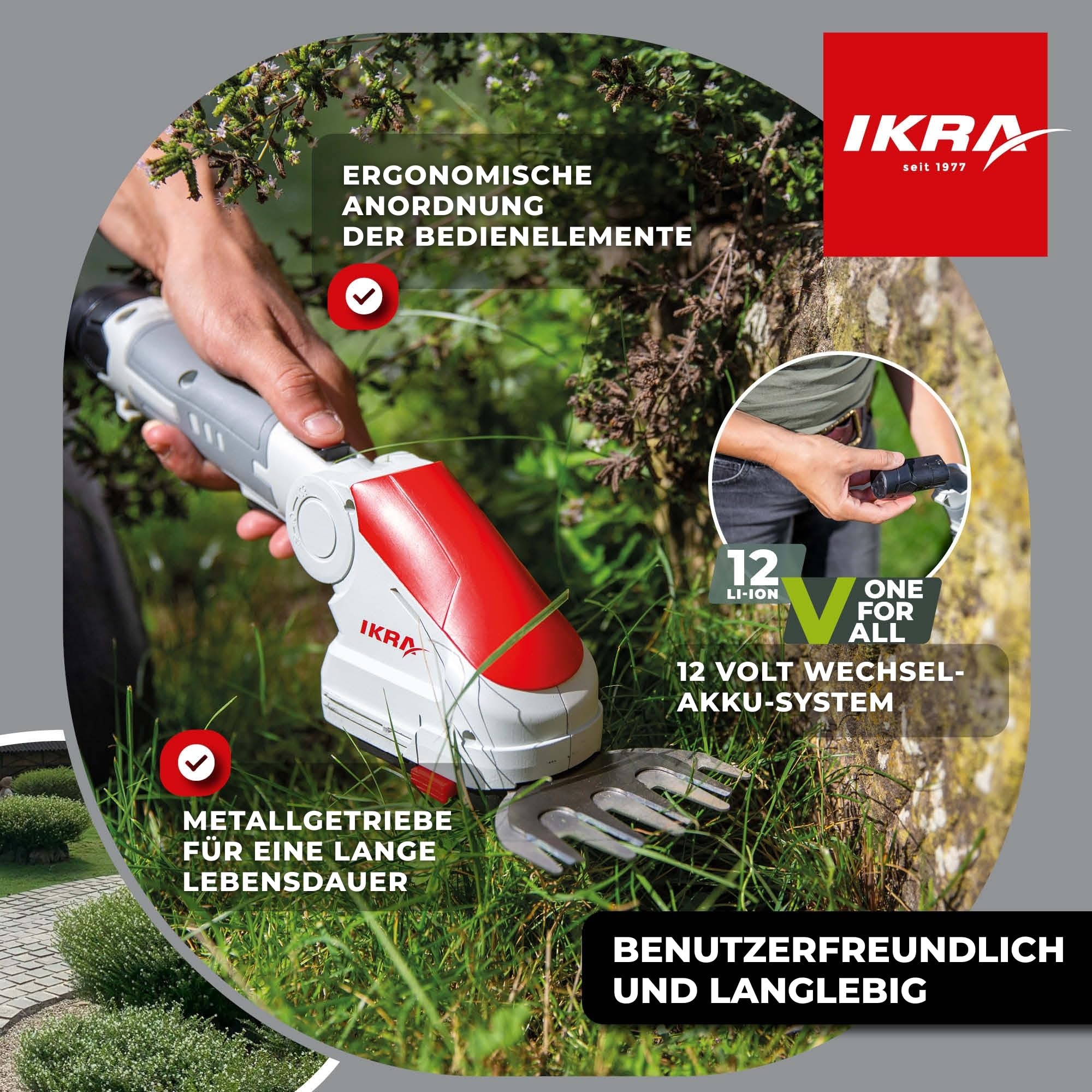 IKRA Akku Grasschere & Buschschere IGBS 1210F, inkl. Teleskop Verlängerung | Inkl. Akku 12V & Ladegerät, 7-fach winkelverstellbarer Griff, Messer Made in Germany, kompatibel mit IKRA 12V Akku-Familie