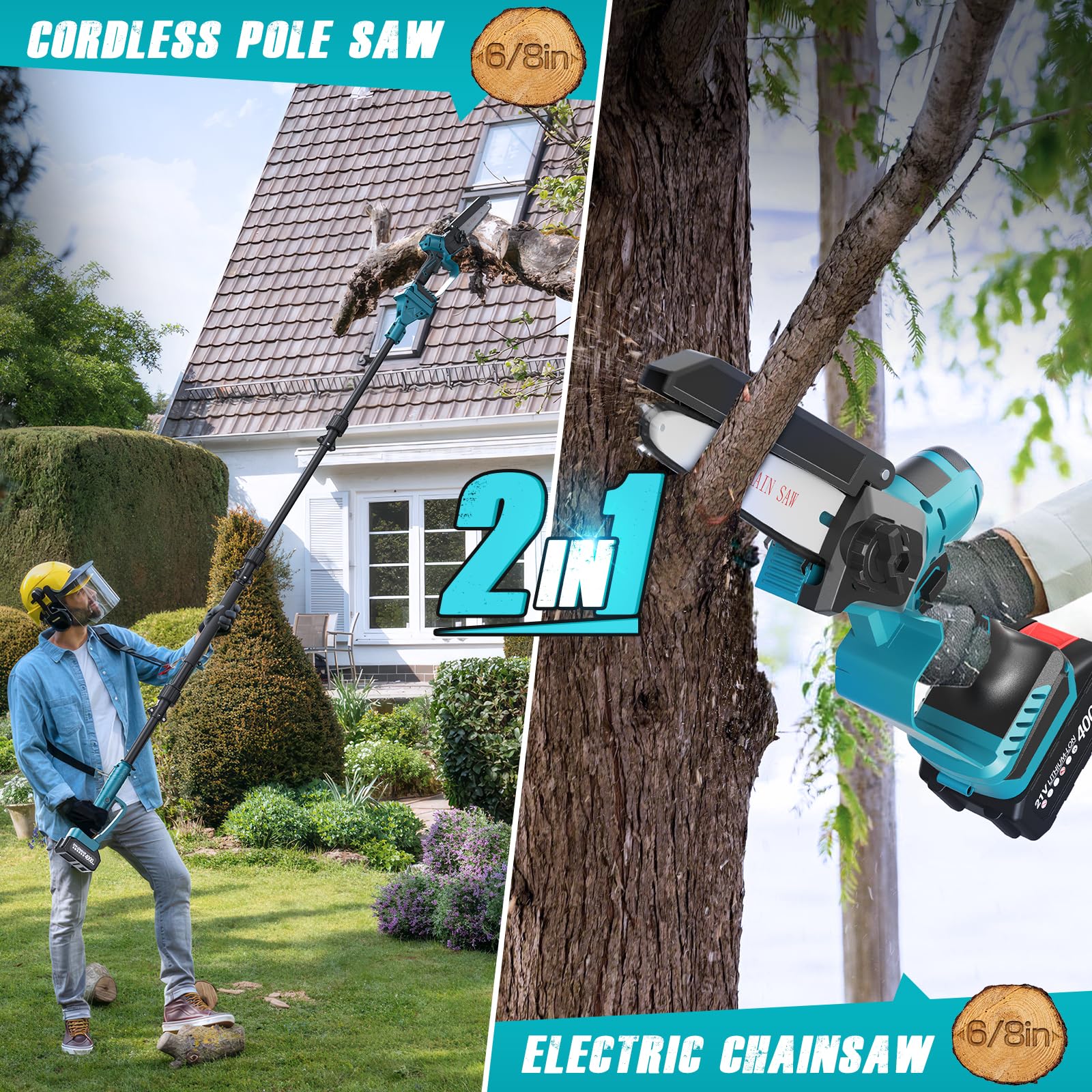 2 in 1 Perche Élagueuse 6 et 8 Pouces, Mini Tronçonneuse avec 2 Batteries 4000 mAh, 4 Longueurs Peuvent être Epissées Extension jusqu'à 14.1FT Élagueuse pour le Jardin, le Branches et le Bois