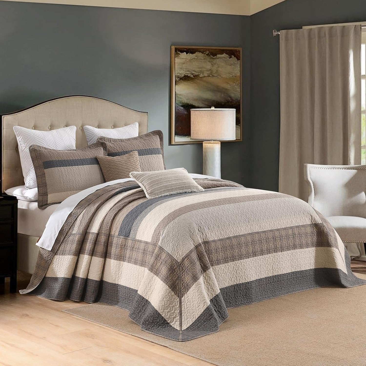 SahSahCasa 120"x102" 100% Cotton Oversized Queen Bedspread Coverlet Quilt Set, Queen Quilted Striped Bedspread Extra Large Quilt, XL Bed Spread Lightweight Comforter, 3pc, Charcoal/Beige/Brown - Image 2