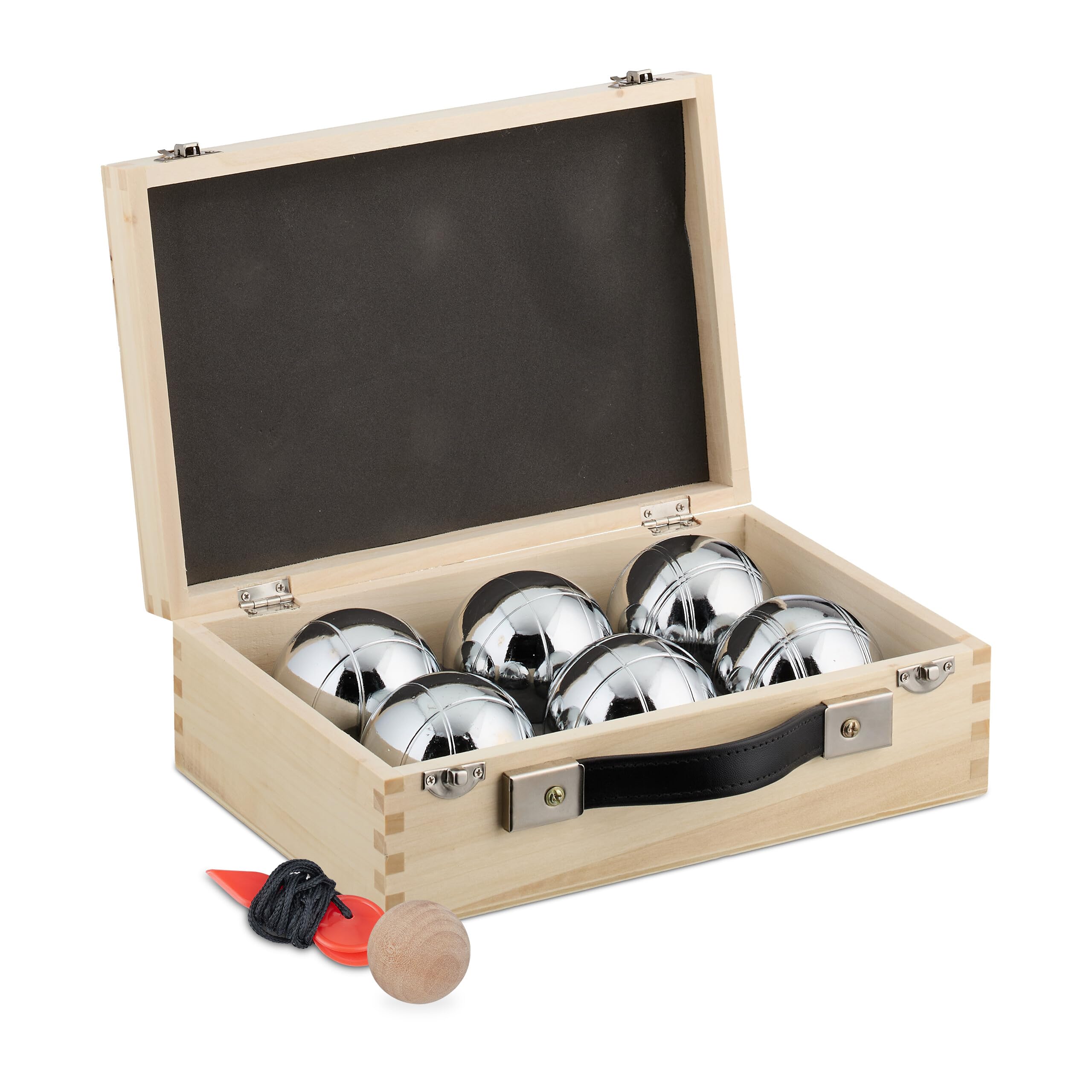 Relaxdays 6 Bolas de Petanca Acero, Cuerda de Medición y Maletín de Madera, Juego Boccia, 72 mm, Natural/Plateado