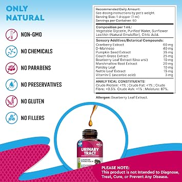 Cat & Dog Urinary Infection Treatment - Natural UTI Support with Cranberry & D-Mannose -Supports Normal Tract & Bladder Function, Detox & Comfortable Urination - Herbal Drops for Pets (60 mL)