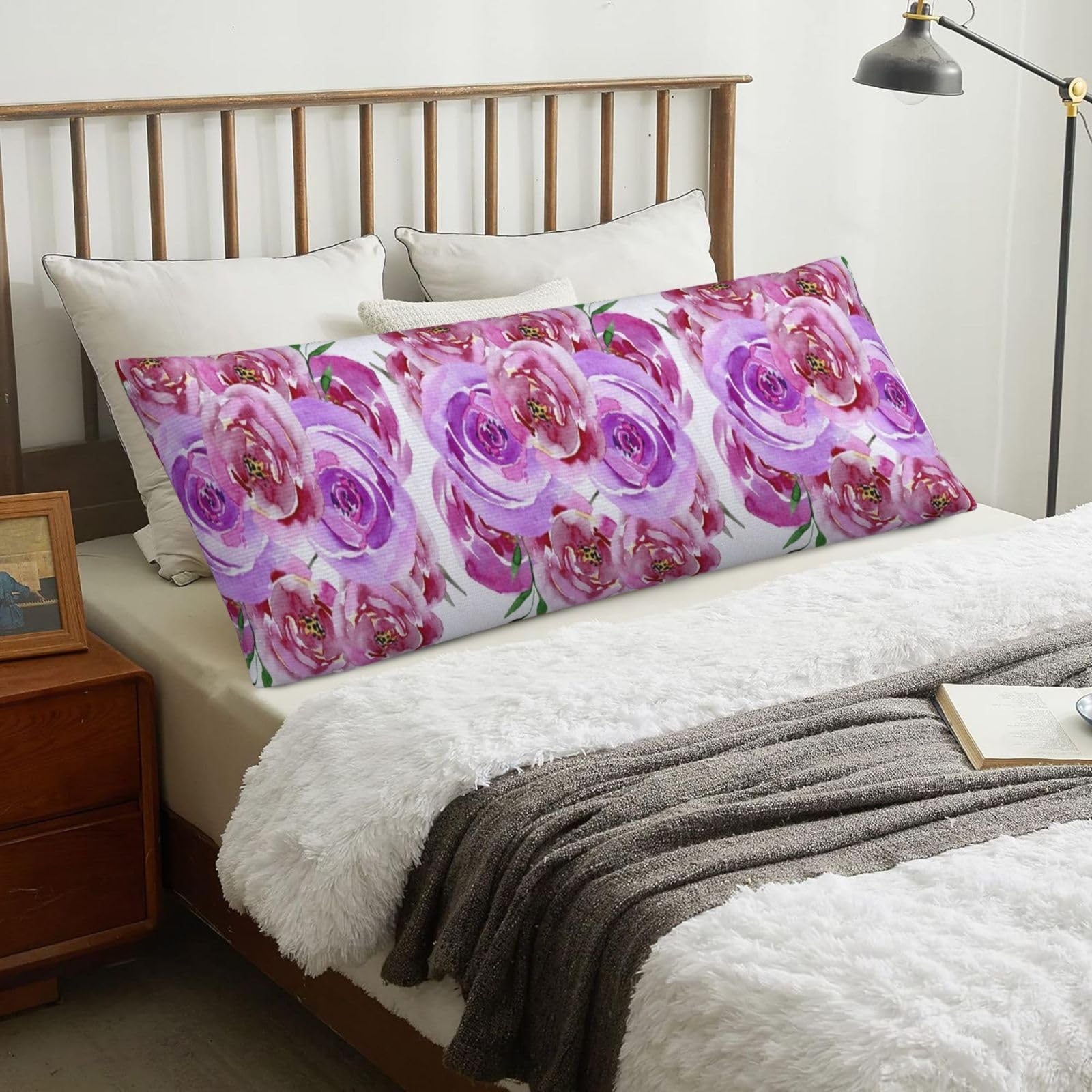 Lilac Violet And Purple Watercolor Peony Roses, Body Pillow Cover with Zipper,Long Body Pillowcase 20 x 60 in