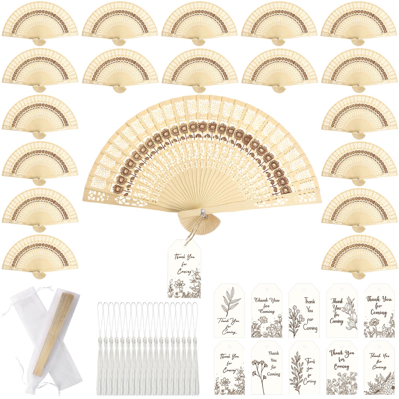 Marsui 100 Wedding Fans Bulk Folding Wooden Hand Fans Sandalwood Hollow Carved Handheld Fan with Thank You Cards, Tassels and Gift Bags for Wedding Guests Party Favors(Classic Style)