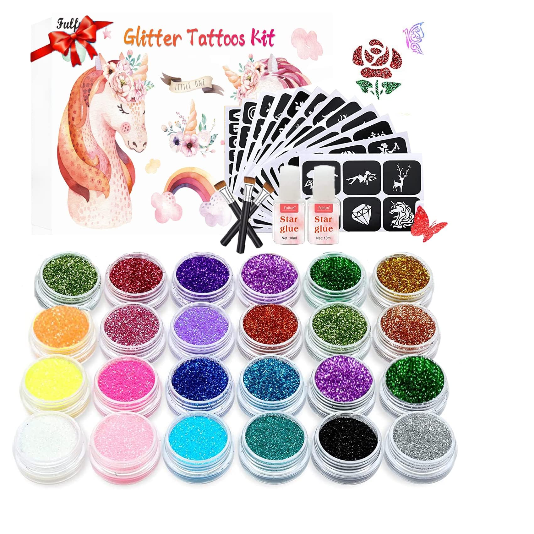Glitter Tattoos Kit - 24 Color Temporary Tattoos for Body, Party, Halloween, Birthday, Christmas