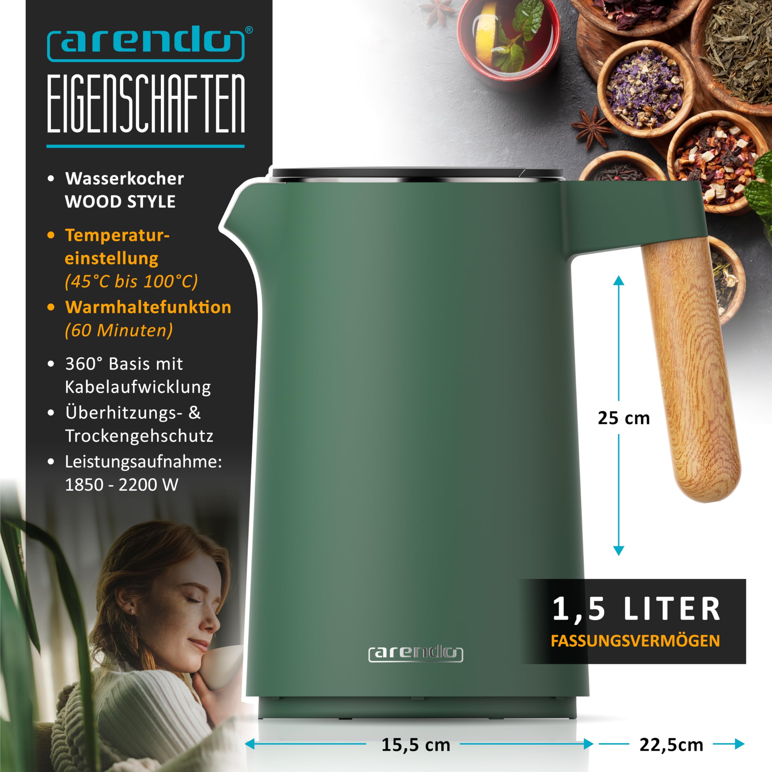 Arendo Küchen Set Edelstahl Wasserkocher Temperatureinstellung Toaster Langschlitz 4 Scheiben Touchpanel LED Display Brötchenhalter