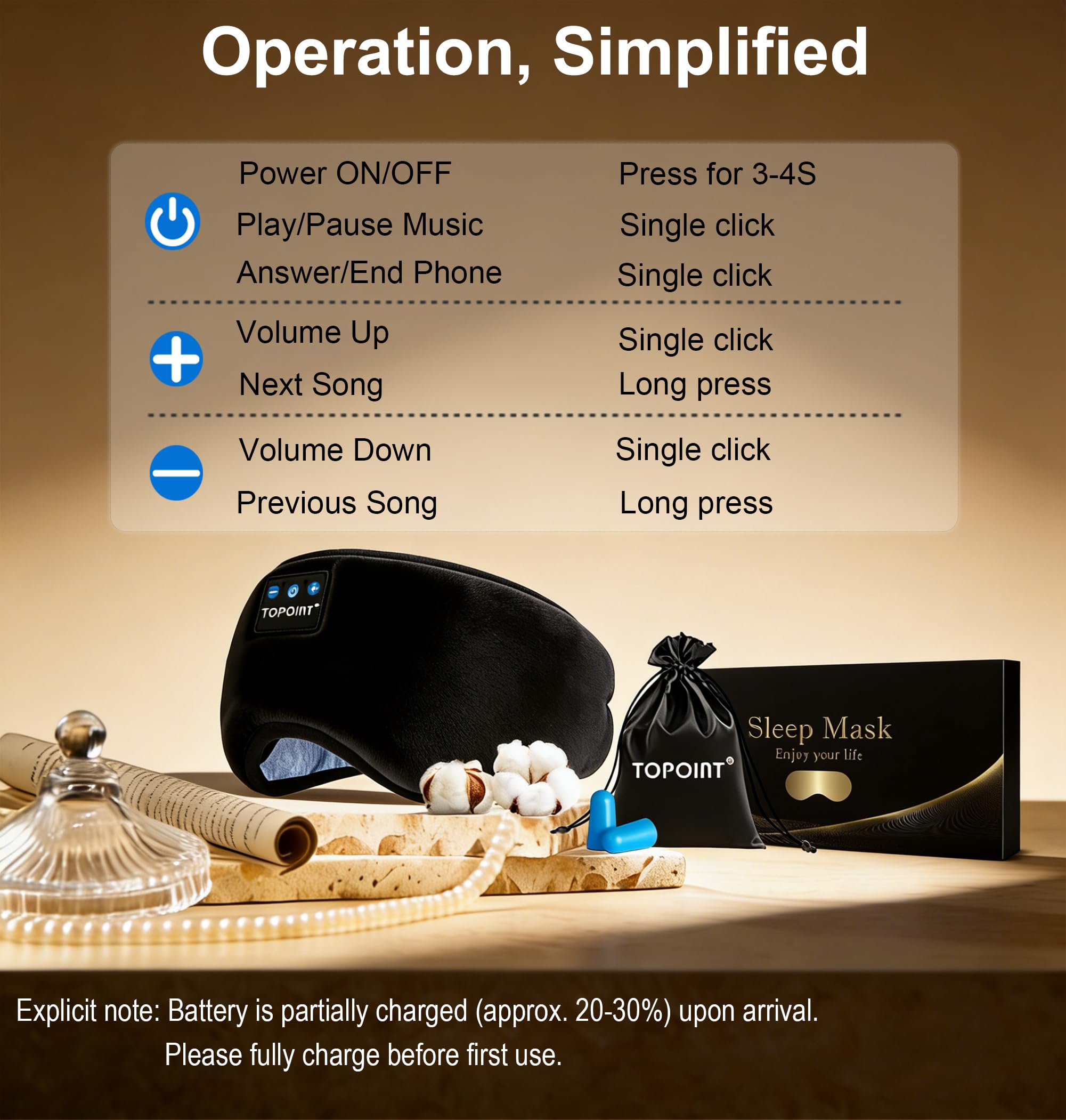 TOPOINT Sleep Mask with Headphones Bluetooth 5.4 Wireless, Sleep Headphones Earphones Earbuds with Microphone HD Speakers Music, Blackout Eye Mask for Sleeping Travel Meditation Men Women Cool Gadgets — Amazon image 9