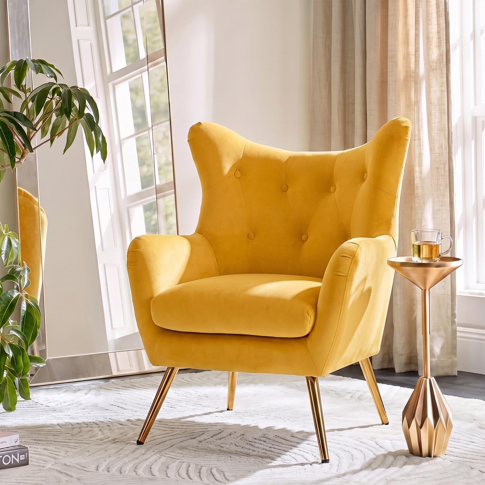 HULALA HOME Velvet Tufted Accent Chair Mustard