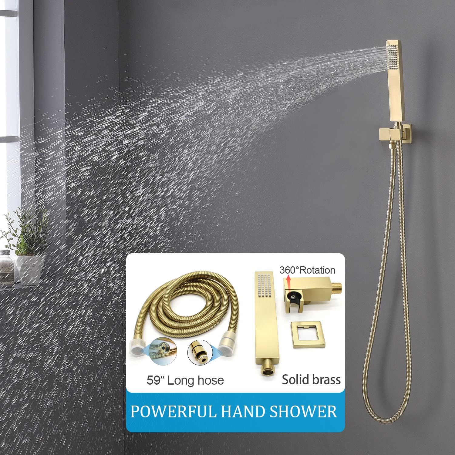 Brushed Gold Shower System Thermostatic Shower Faucet System with Body Jets Backnets 12 Inch Ceiling Mount Rainfall Shower Head System, Can Use All Options At A Time