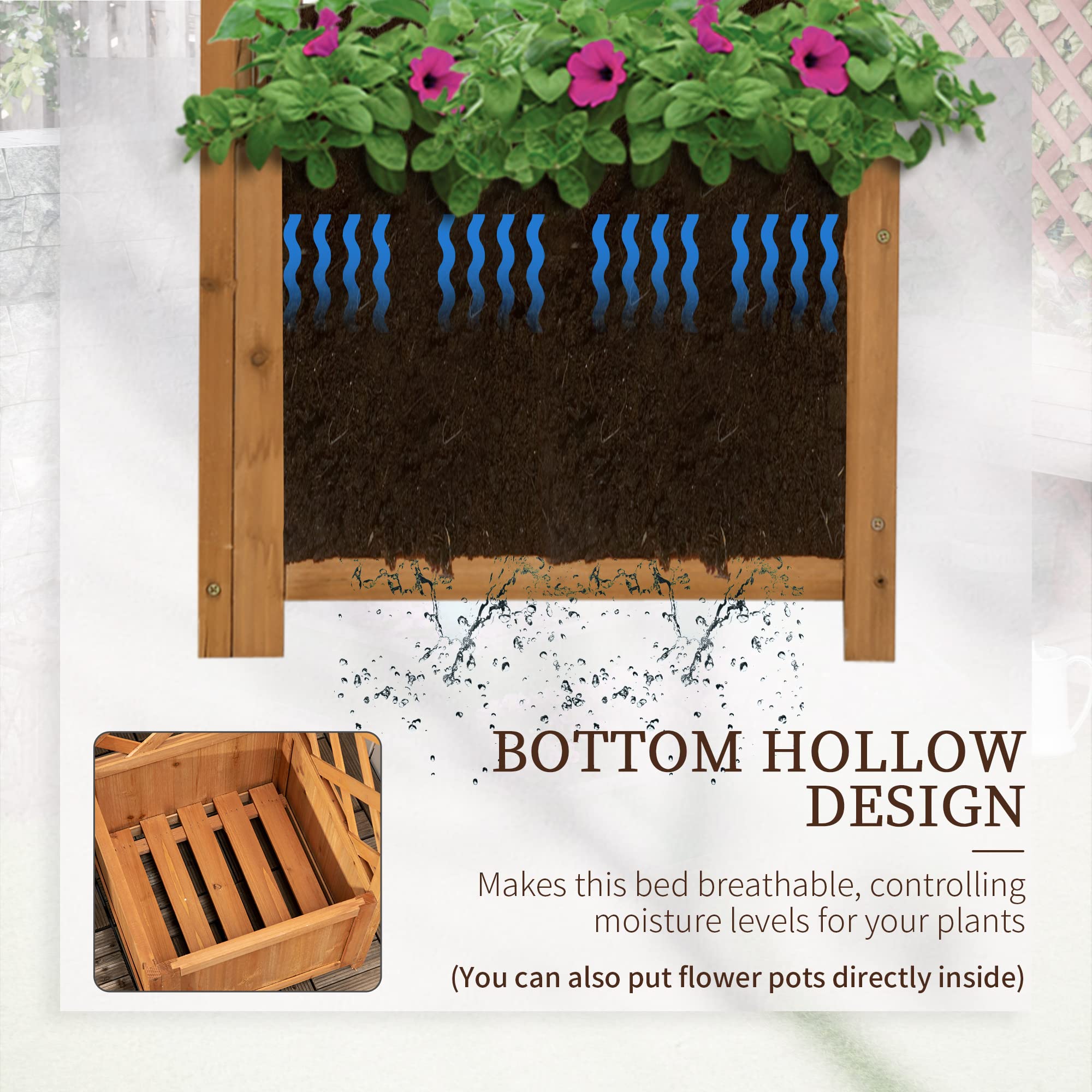 Outsunny Blumenkasten für den Garten mit Hohlboden aus Tannenholz, braun, mit Rankgitter für Kletterpflanzen und Dekorationen, 40 x 40 x 145 cm