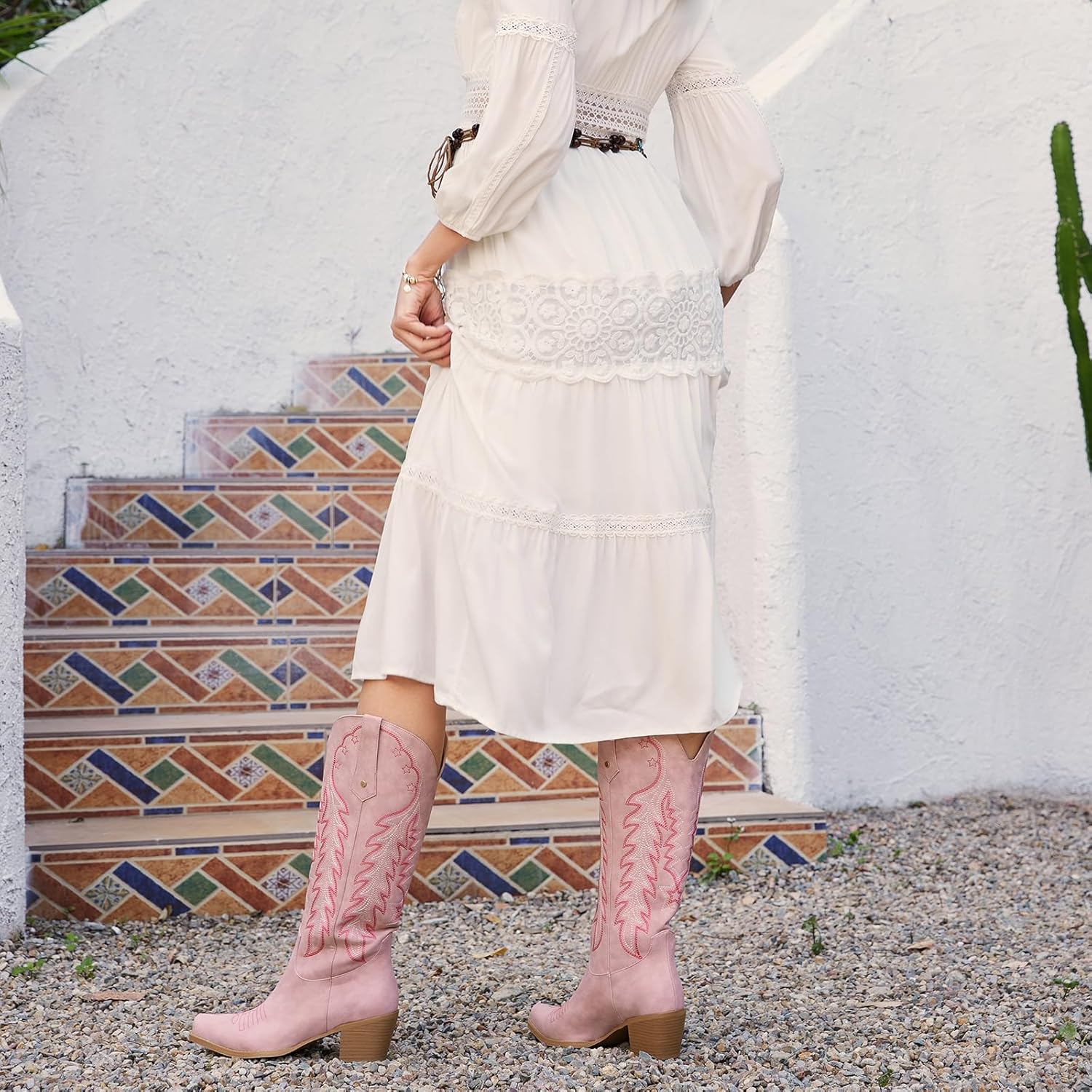 wetkiss Cowboy Boots for Women Knee High Cowgirl Boots Retro Embroidered Chunky Heels Pointed Toe Western Long Tall Boot Pull On - Image 6