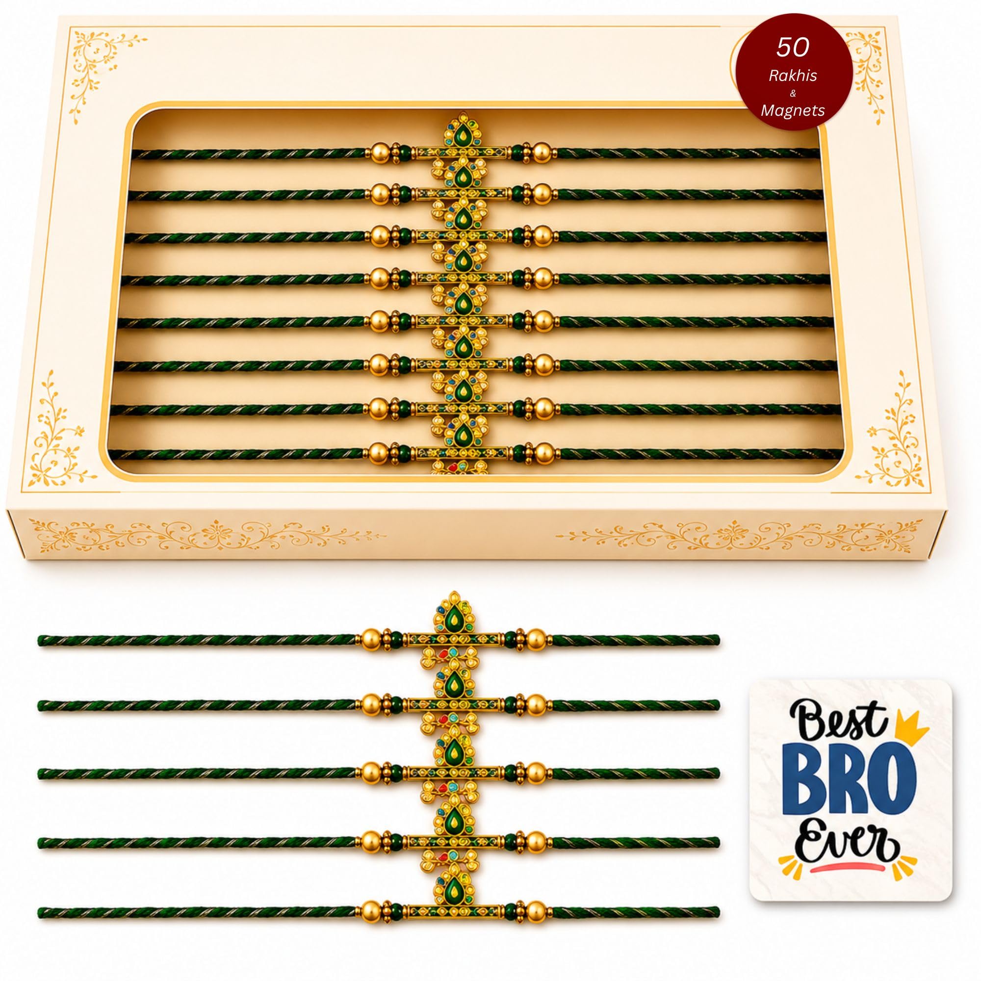 eCraftIndia Pack of 50 Green Golden Om & Peacock Feather Religious Designer Rakhi for Brother Bhaiya Bhai | 50 Best Bro Ever Fridge Magnets | Roli Chawal Pack | Raksha Bandhan Gift Set