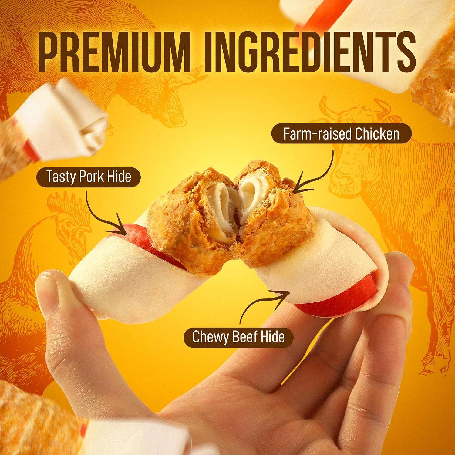 PETPHABET Chicken Wrapped Rawhide Dog Bones for Medium/Large Dogs (5 Count) — view 2