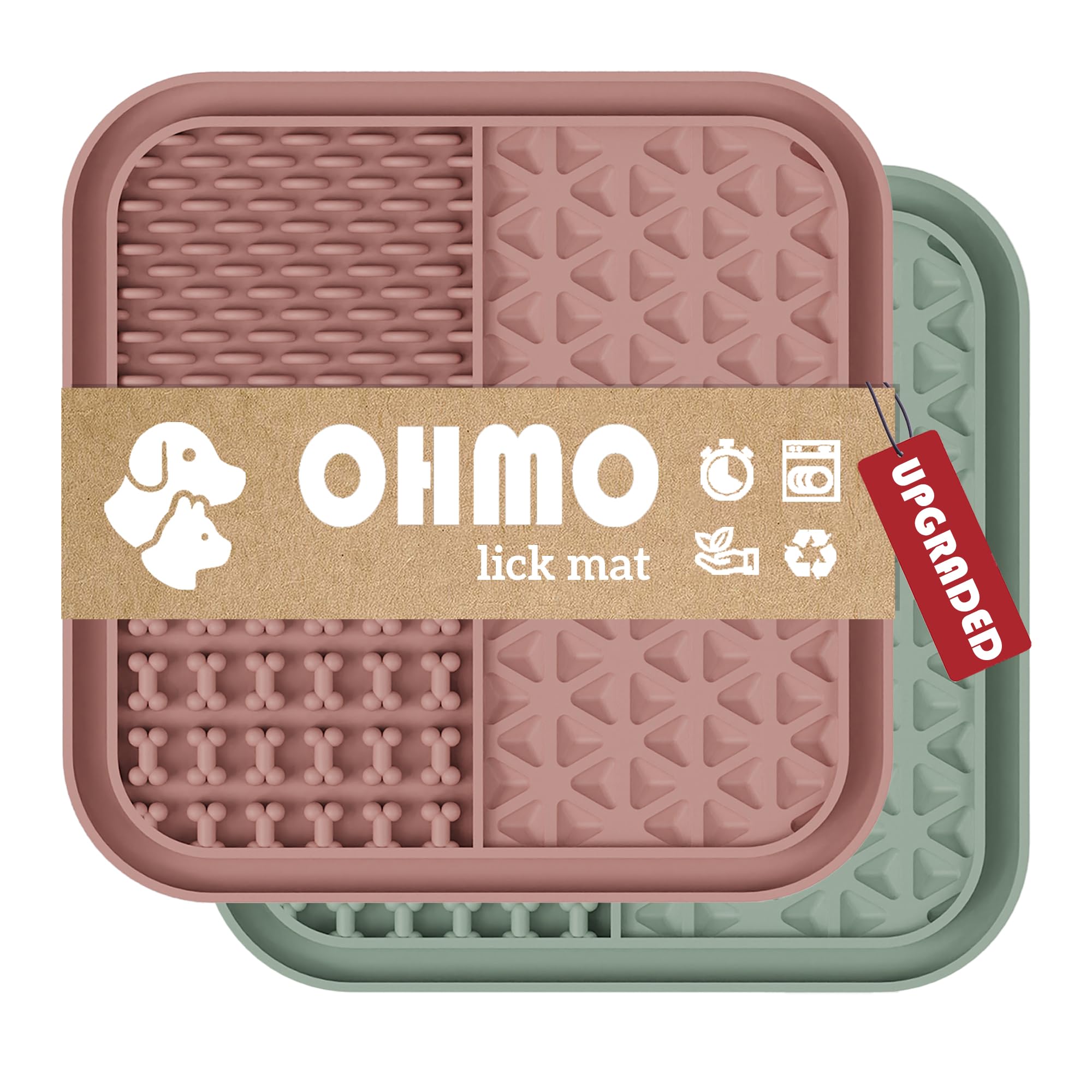 OHMO Licky Mats for Dogs and Cats 2 Pcs, Dog Lick Mats with Suction Cups Easy to Clean Pet Slow Feeder, Licking Pad for Anxiety Relief and Boredom Reduction Dishwasher Safe (Coral&Light Green)