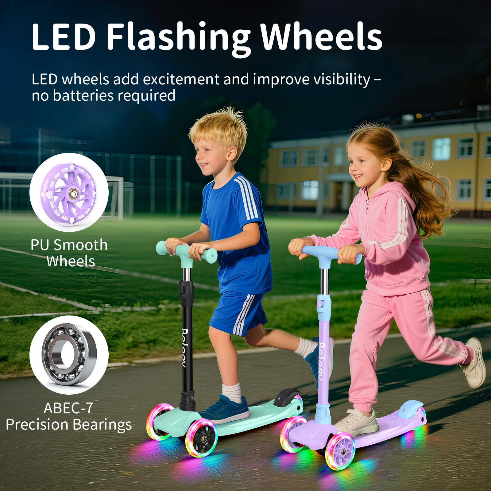 BELEEV A3 Roller Kinder 3 Jahre, 3 Räder Scooter Kinder mit LED Leuchtende Räder, 5 Höhenverstellbare, Lean to Steer, Rutschfestes Deck, Premium Kinderroller 3-12 Jahre Mädchen Jungen, Dreiradscooter