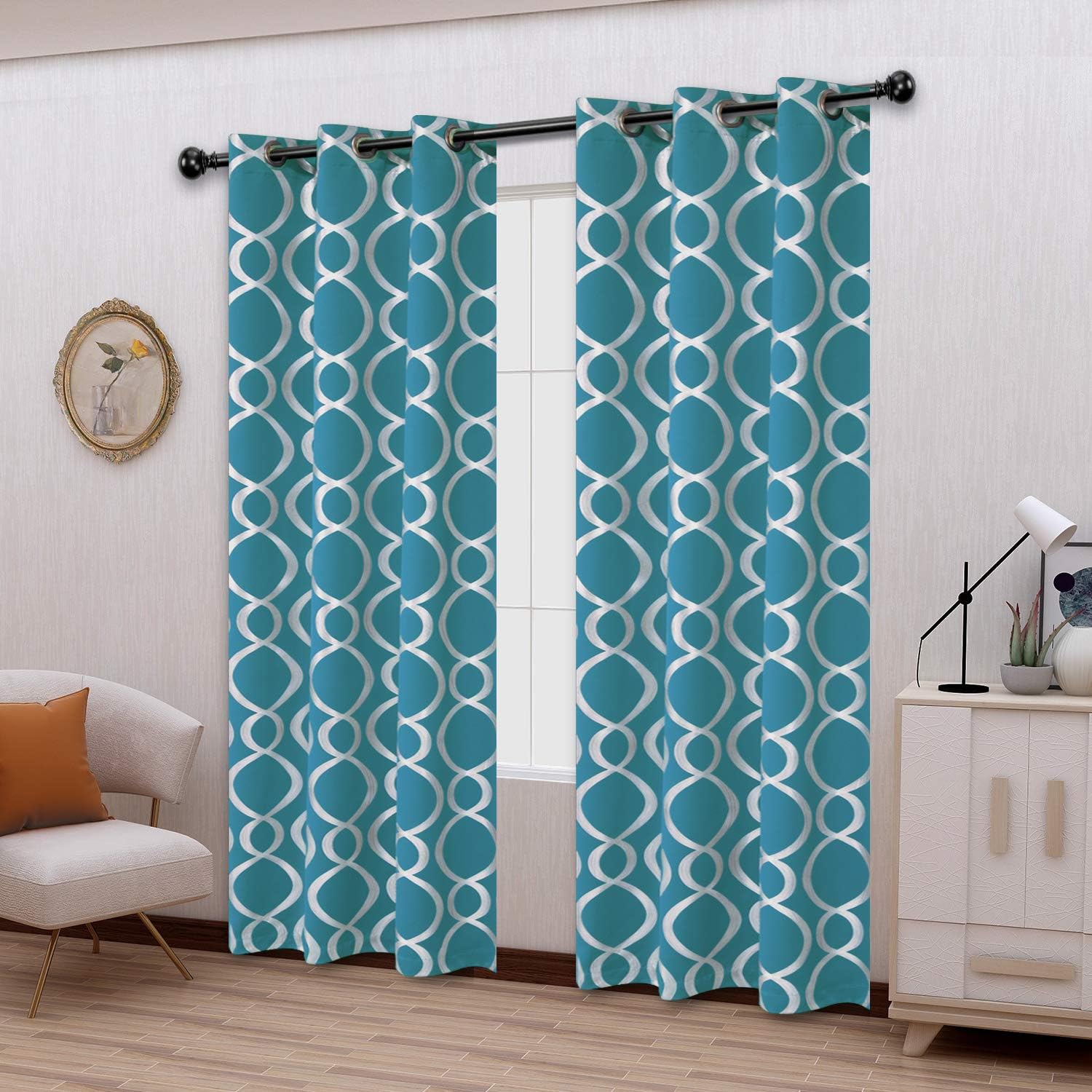 LORDTEX Geometric Foil Print Blackout Curtains for Bedroom and Living Room - Sun Light Blocking, Thermal Insulating Curtain Panels, Grommet Top Window Drapes, Set of 2, Teal, 42 x 84 Inches Long