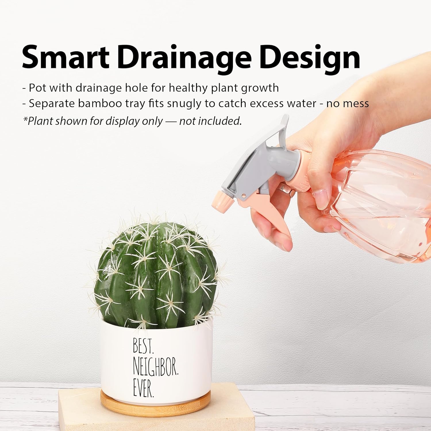 Best Neighbor Ever Neighbors Gifts Ceramic Succulent Plant Pot with Tray Round Housewarming Farewell Moving Away Plant Lover Gifts Home Office Decor 3.5 Inch White (No Plants) (With Bamboo Tray) - Image 5