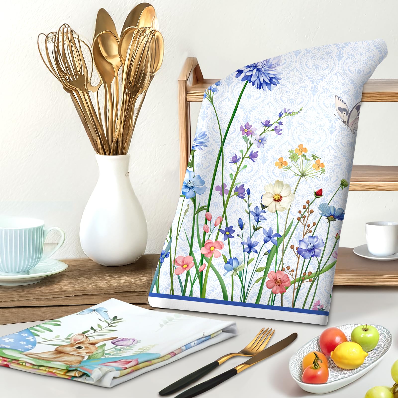 Set 4 Strofinacci Da Cucina Fiore Acquerello - Cotone 100%, 48x70 Cm, Motivi Farfalle - Super Assorbenti E Decorativi - Foto 12