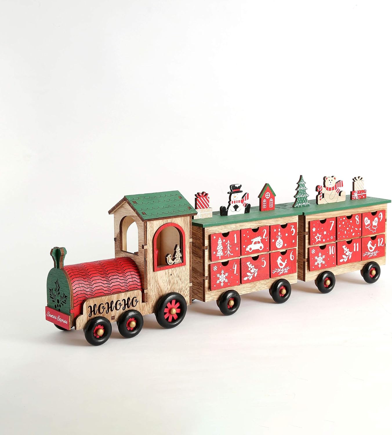 24 Inch Christmas Wooden Advent Calendar Train with 24 Drawers Christmas Countdown Tabletop Decoration PIONEER-EFFORT (Colorful)