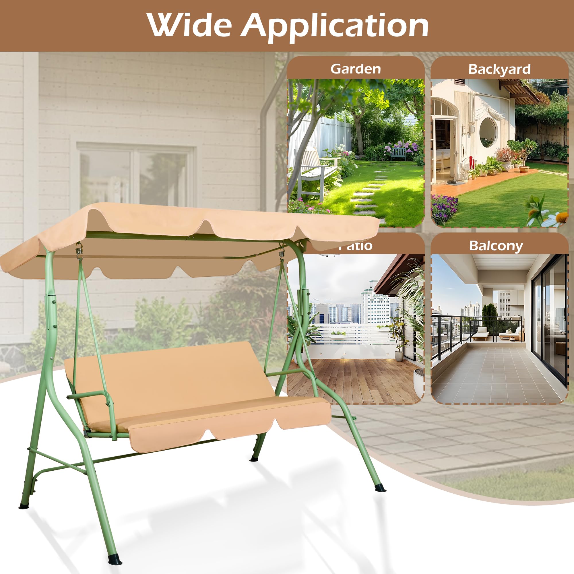 Frankystar Hulaop - Dondolo 3 Posti da Giardino con Cuscino Imbottito e Tettuccio Parasole Regolabile in Acciaio Verniciato e Tessuto Poliestere Beige