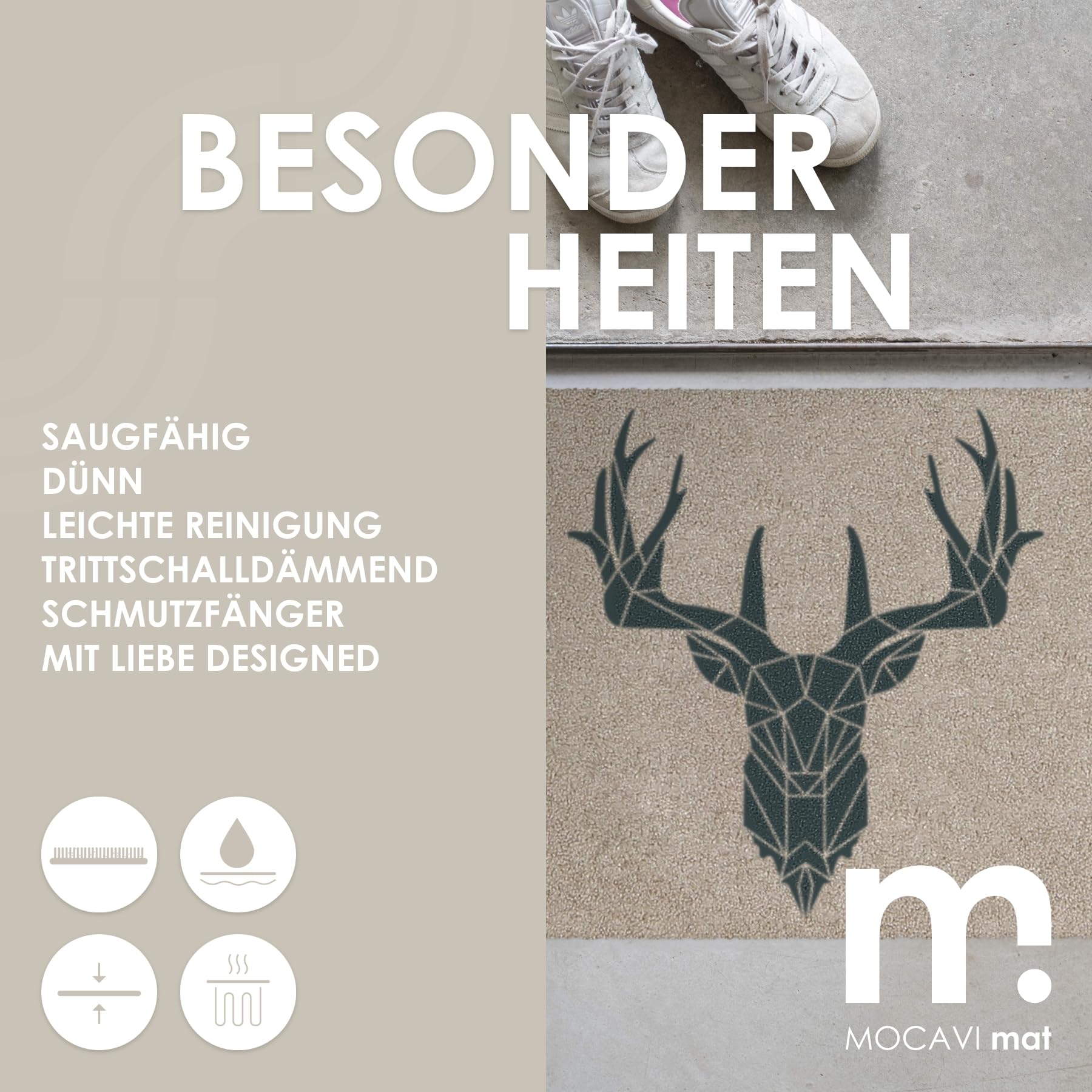 MOCAVI Mat Fußmatte Hirsch waschbar außen & innen beige 45x70cm Sauberlaufmatte Fußabtreter Motiv Country modern hochwertig