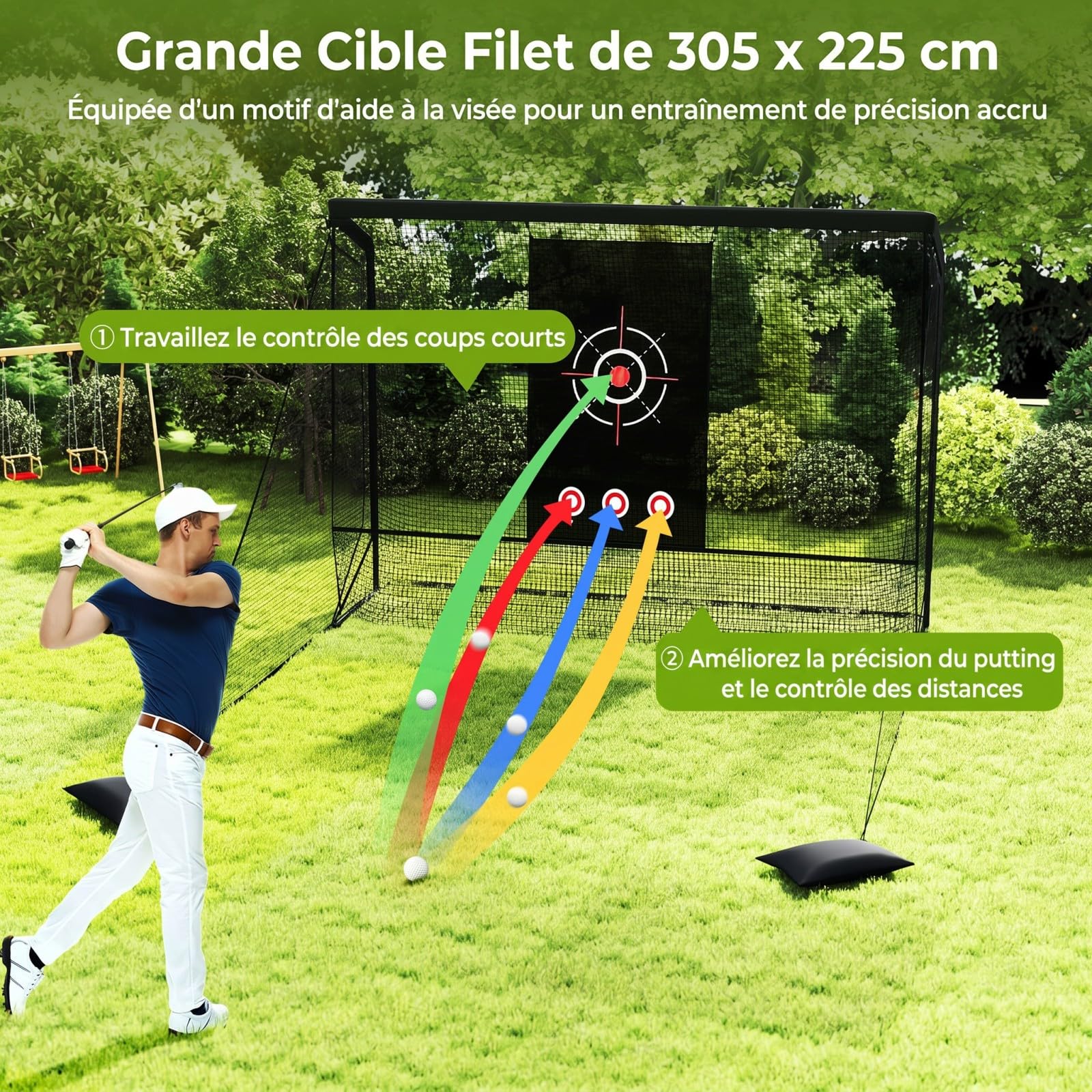 COSTWAY Filet d'Entraînement de Golf avec Cible, Filet de Frappe Golf Portable avec Barrières Latérales Amovibles, Sacs de Sable, Sac de Transport pour Intérieur et Extérieur