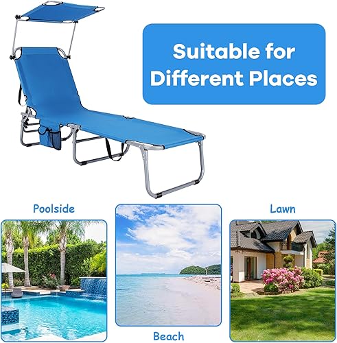 Miniatura 9 de Silla de playa GYMAX, tumbona, ajustable y plegable, con toldo y bolsillos laterales, resistente para tomar el sol, reclinable para uso en