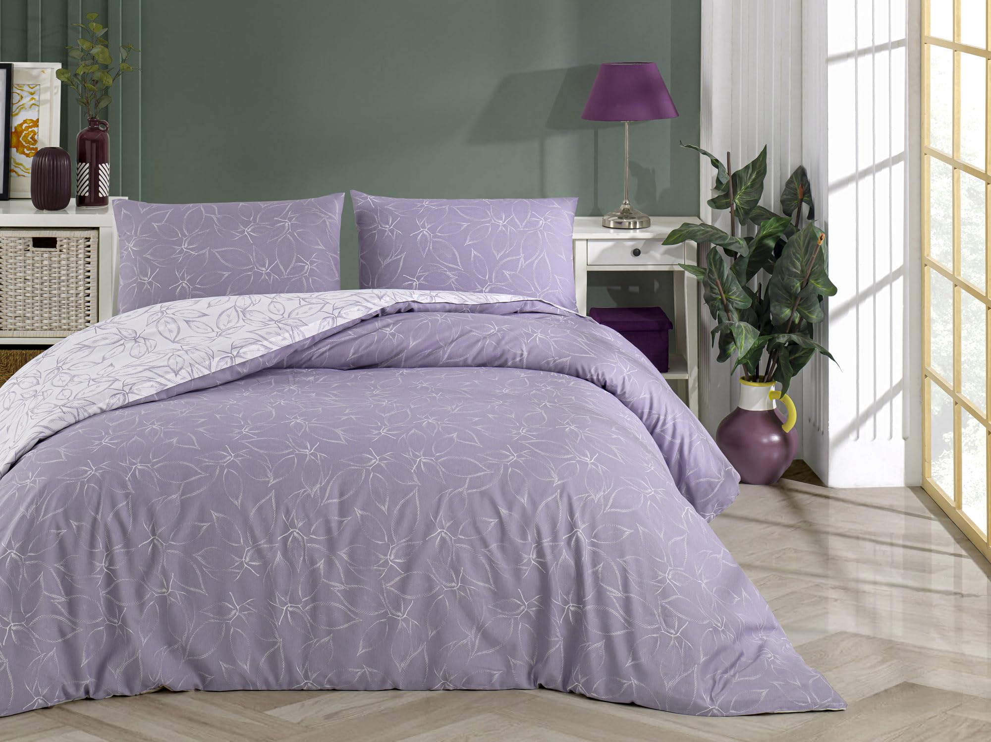 GLHOME Copripiumino Matrimoniale in Morbido Cotone con Stampe Moderne - Parure Copri Piumino 100% Made in Italy - Parure Copri Piumone Sacco e 2 Federe con Stampa - Foglie