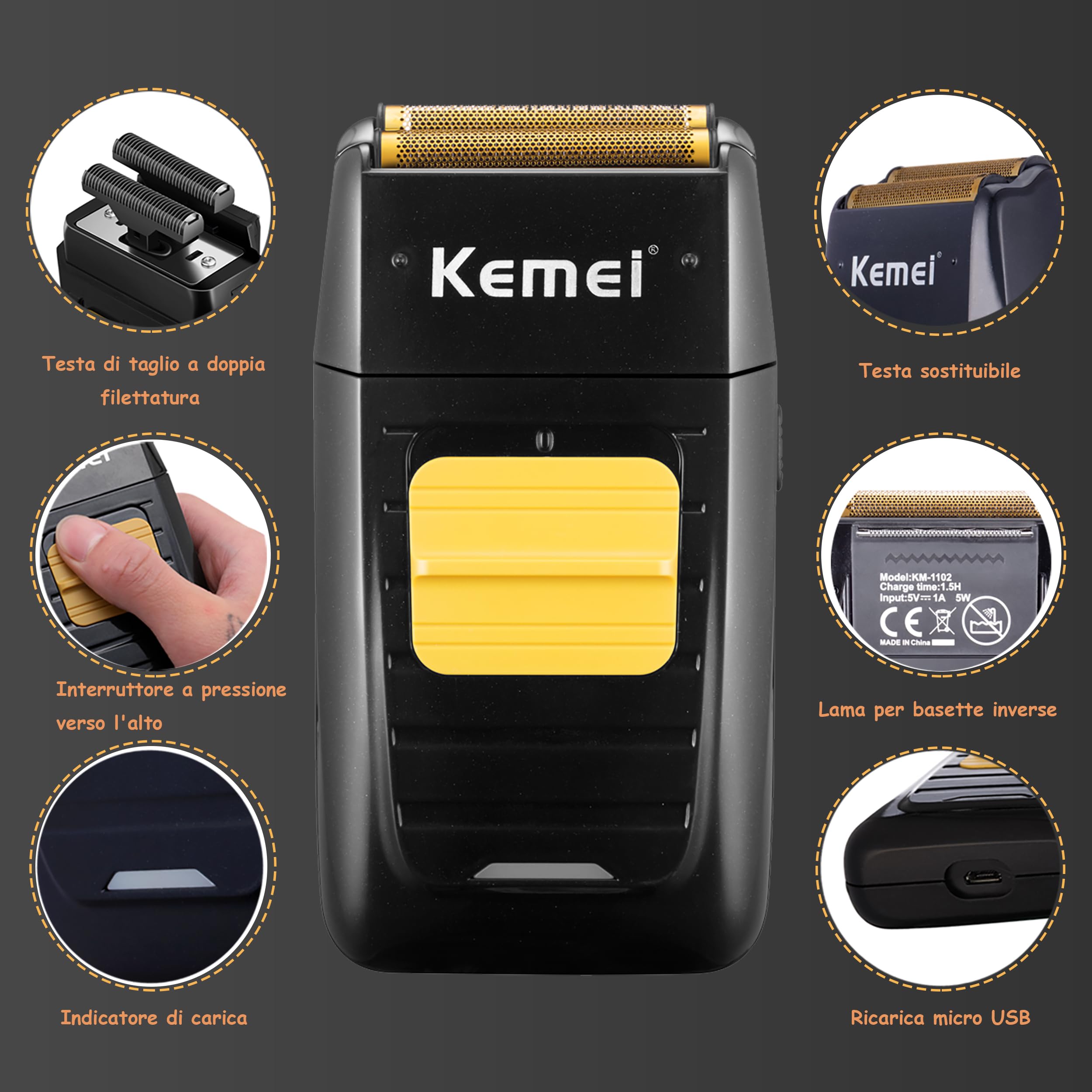 Kemei Rasoio elettrico da uomo - Rasoio per capelli professionale senza spazio - Rasoio a testa calva senza fili - 1102+2299