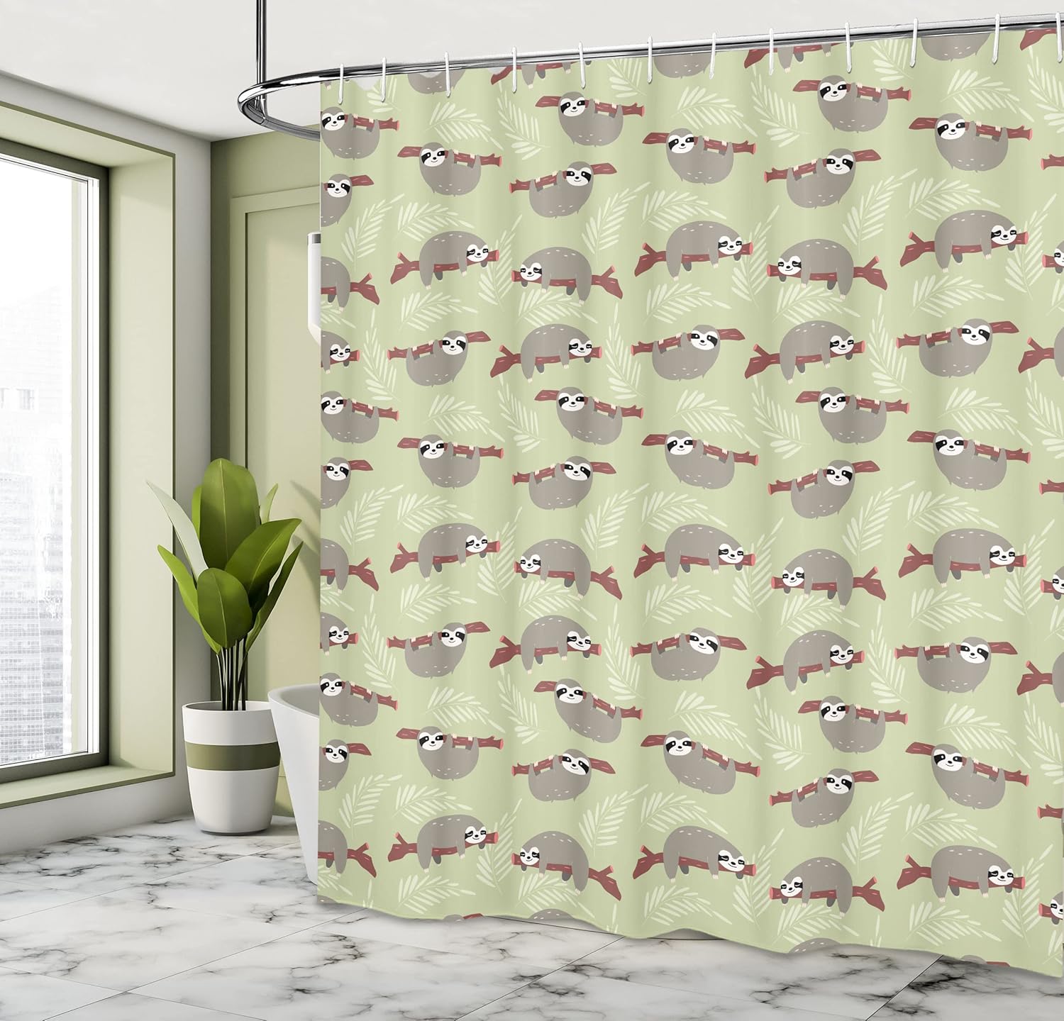 Lunarable Sloth Shower Curtain, Sloths Hanging from Cecropia Branches with an Leaf Filled Backdrop, Cloth Fabric Bathroom Decor Set with Hooks, 105" Extra Wide, Pale Green Grey Ruby