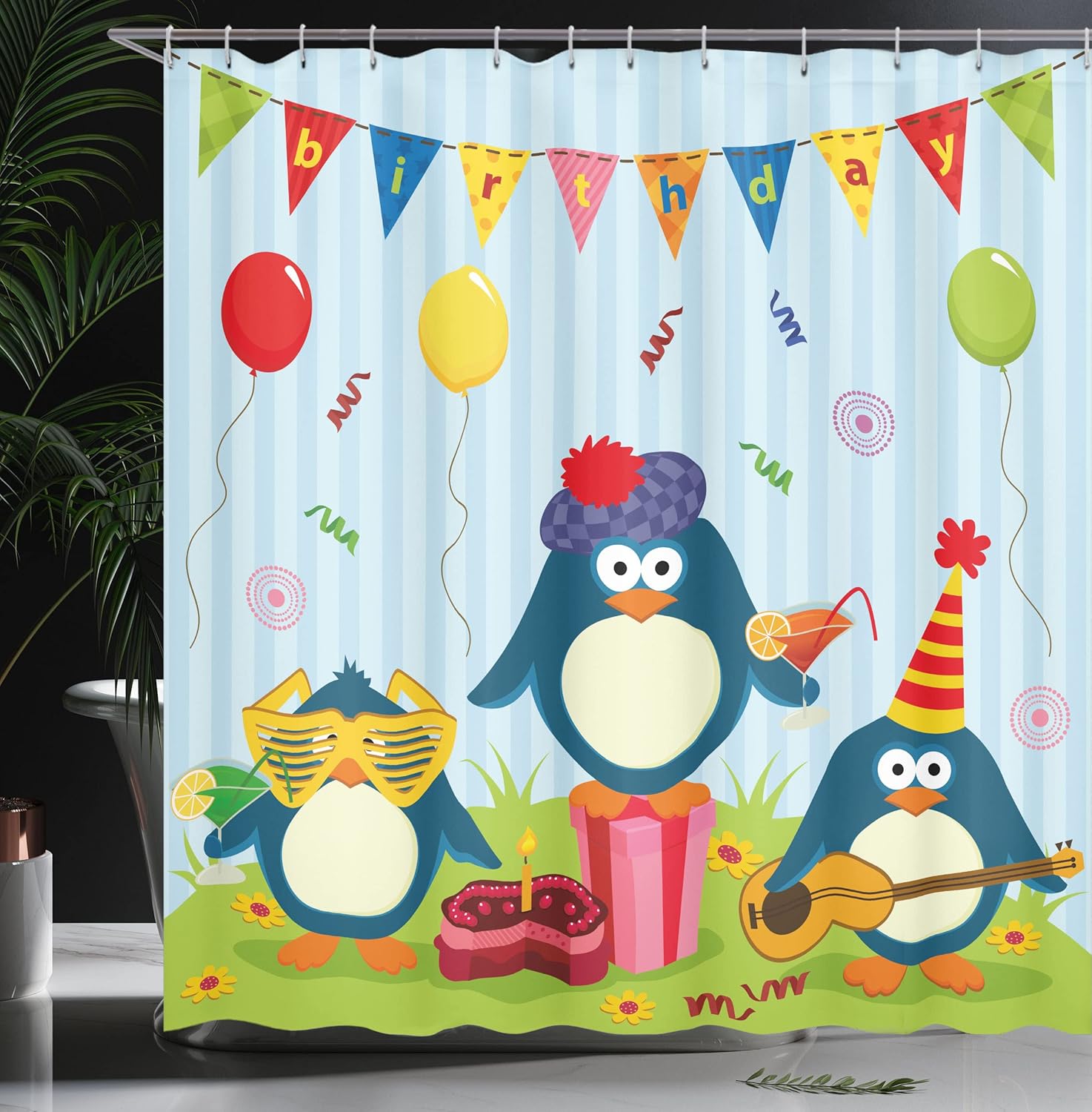 Ambesonne Birthday Shower Curtain, Cartoon Style Penguin Party with Flags Cakes and Gift Box Theme Print, Cloth Fabric Bathroom Decor Set with Hooks, 69" W x 84" L, Fern Green Pale Blue