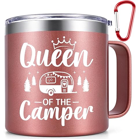 Qtencas Camper Gifts, Camping Gifts for Women, Queen of the Camper Coffee Mug, Stainless Steel Mug, RV Camper Mug for Outdoors, Picnic, Camping, Birthday Christmas Gifts for Camper, 14oz Rose Gold