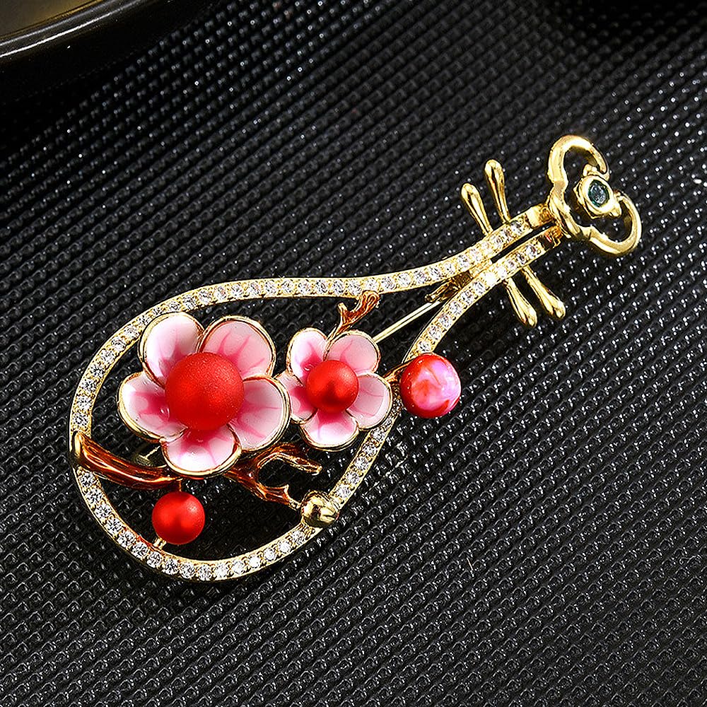 LYGXWJFC Broszki dla kobiet Vintage chiński styl lutnia Lnstrument Pin różowa emalia kwiat śliwy kwiat broszka przypinki