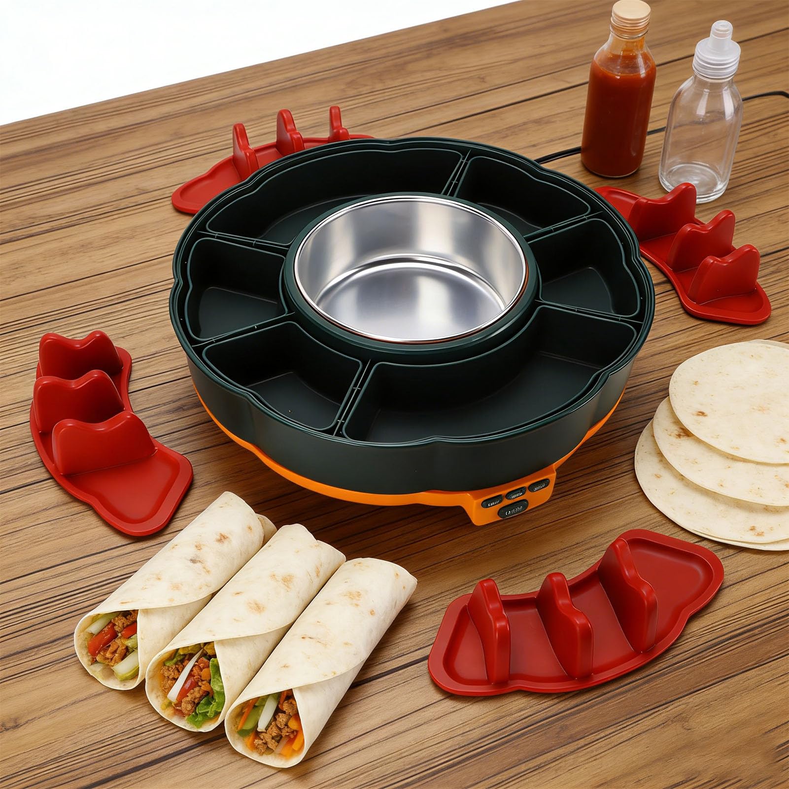 RIZGHWOY Juego de Ollas Eléctricas para Fondue de Chocolate con Bandejas para Servir Juego Giratorio para Servir Tacos con Control Preciso de Temperatura para Reuniones en el Hogar y (Enchufe