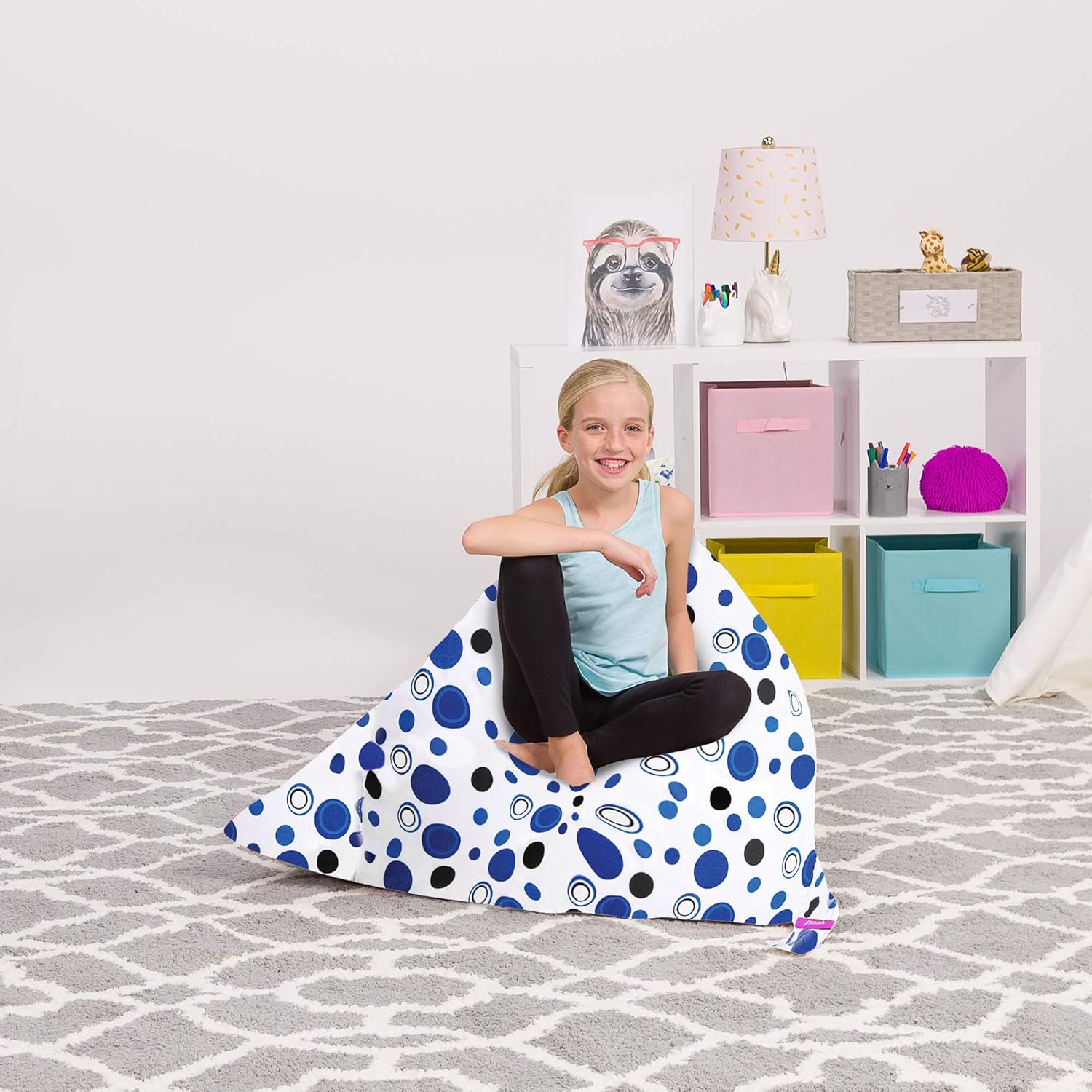 Posh Creations Stuffed Animal Storage Bean Bag Chair Kids, Teens and Adults-Stuffie Seat Cover ONLY, 200L-Large, Canvas Bubbles Blue and White